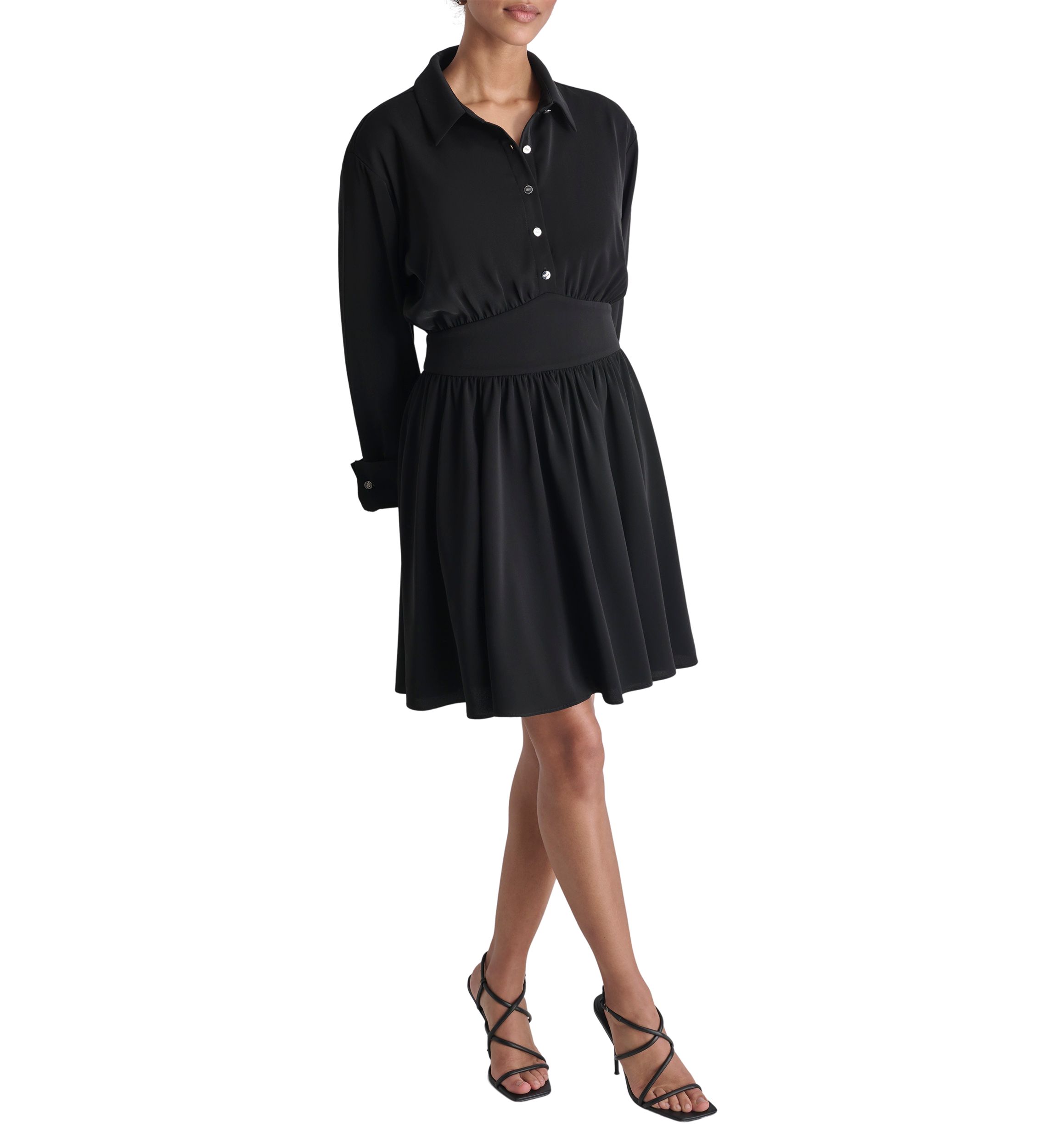 Womens Long Sleeve Collar Crepe Fit and Flare Dress