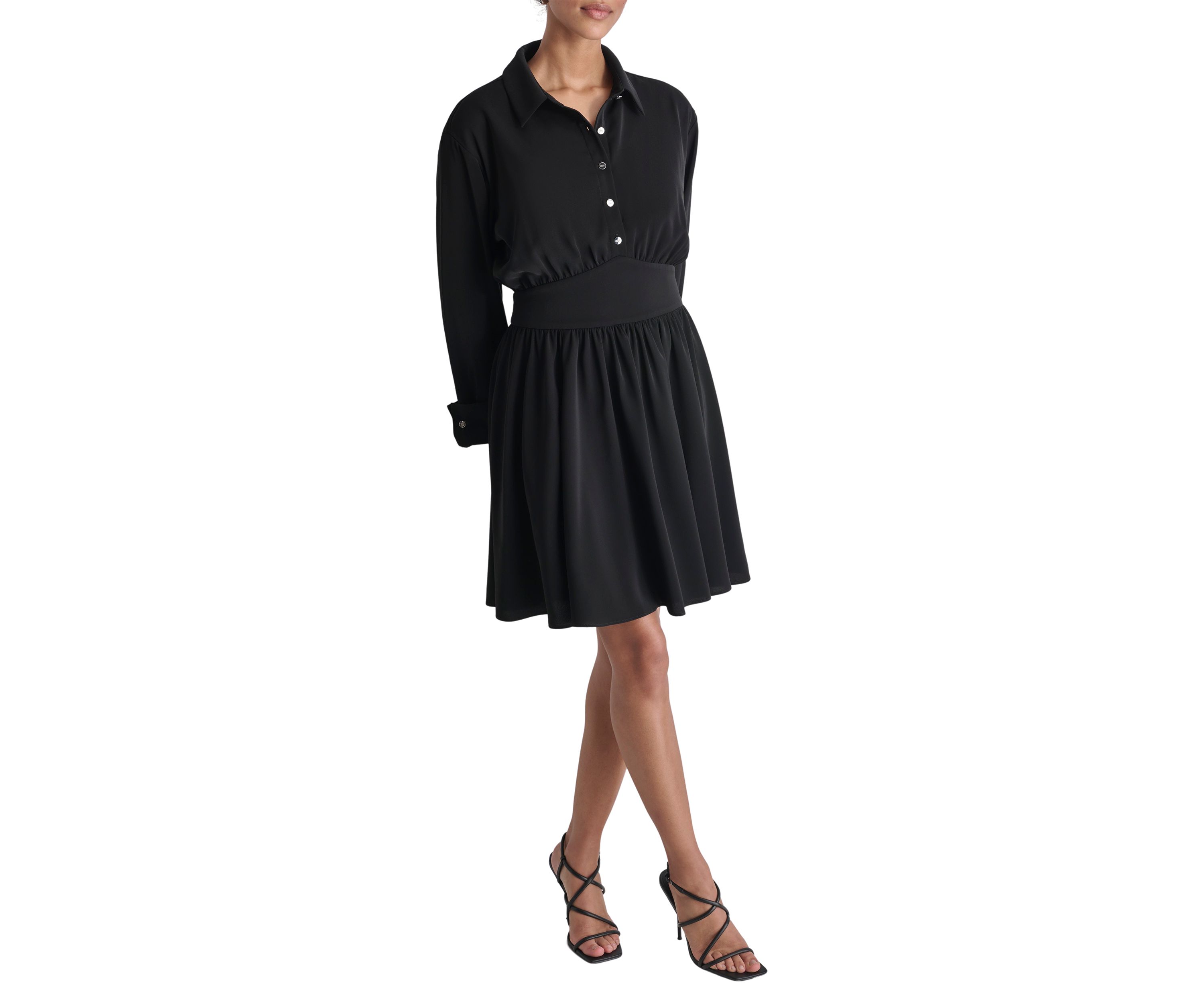 Womens Long Sleeve Collar Crepe Fit and Flare Dress