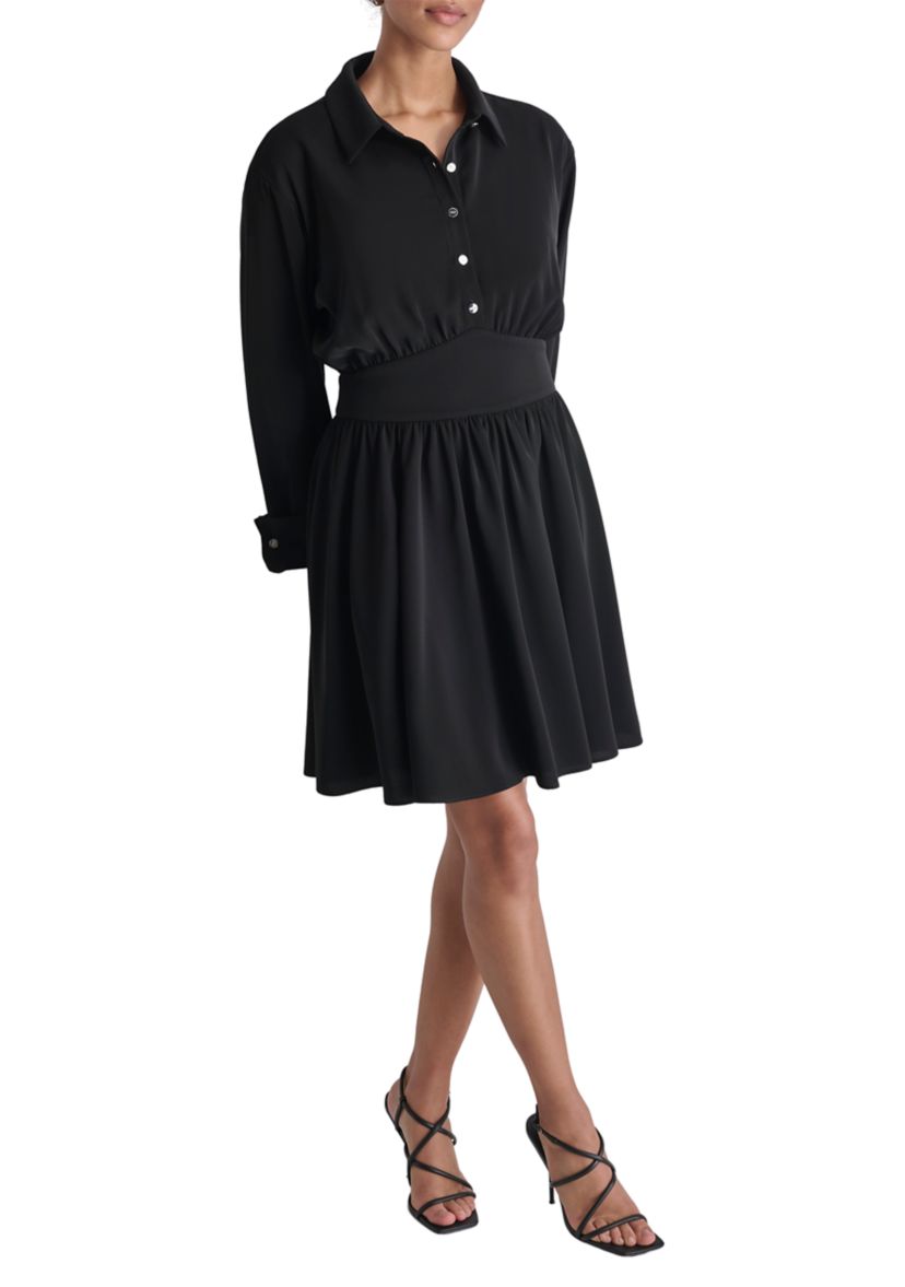 Womens Long Sleeve Collar Crepe Fit and Flare Dress