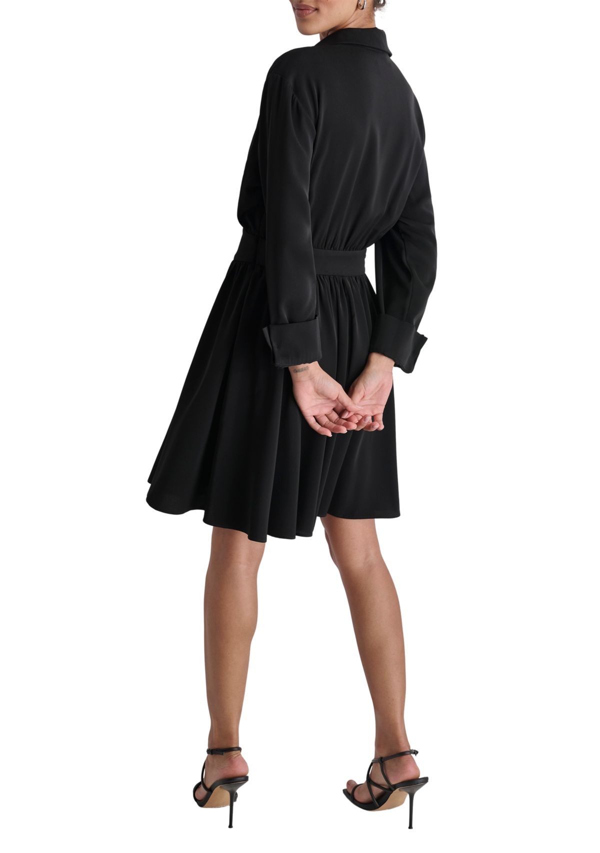 Womens Long Sleeve Collar Crepe Fit and Flare Dress