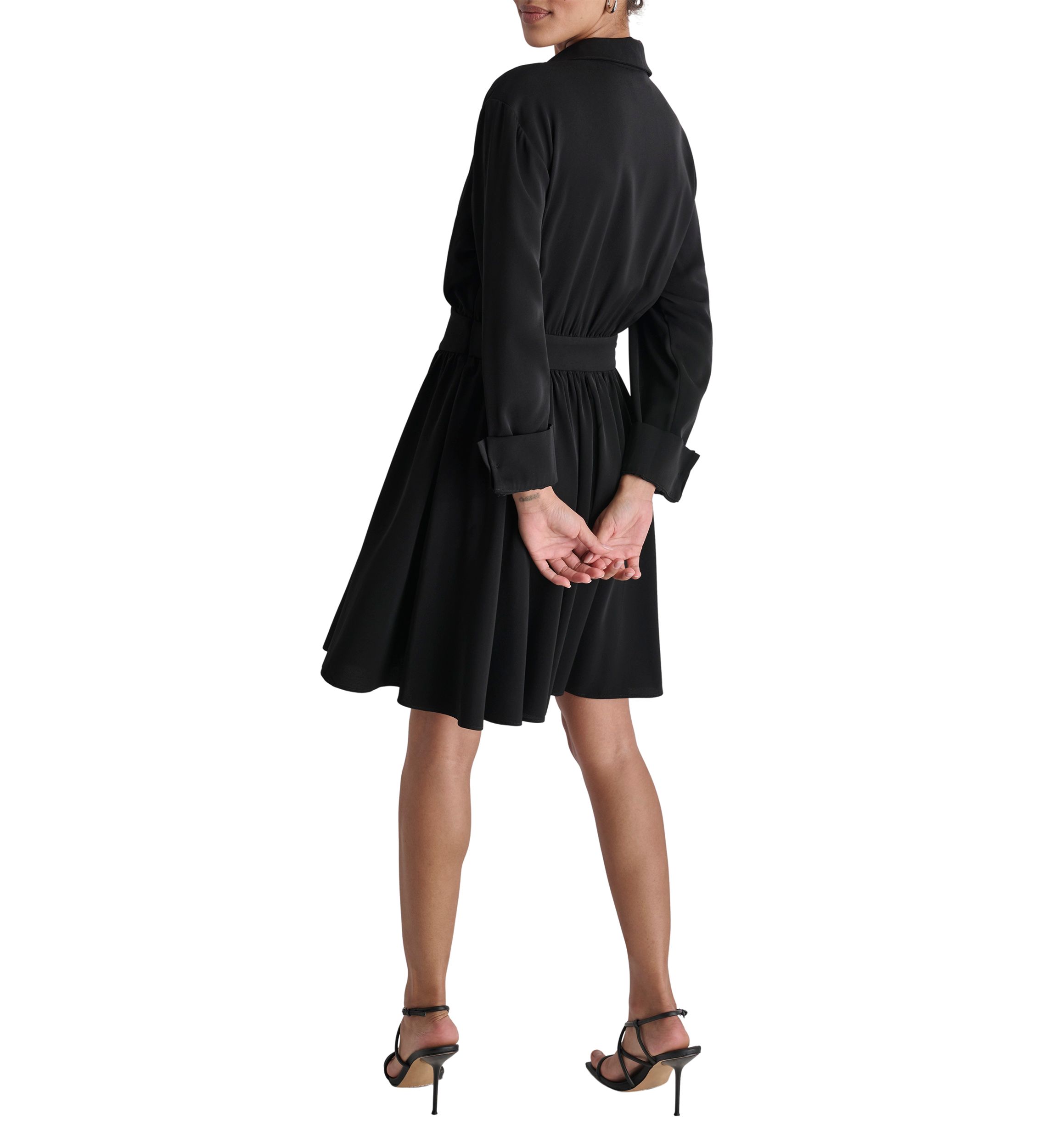 Womens Long Sleeve Collar Crepe Fit and Flare Dress