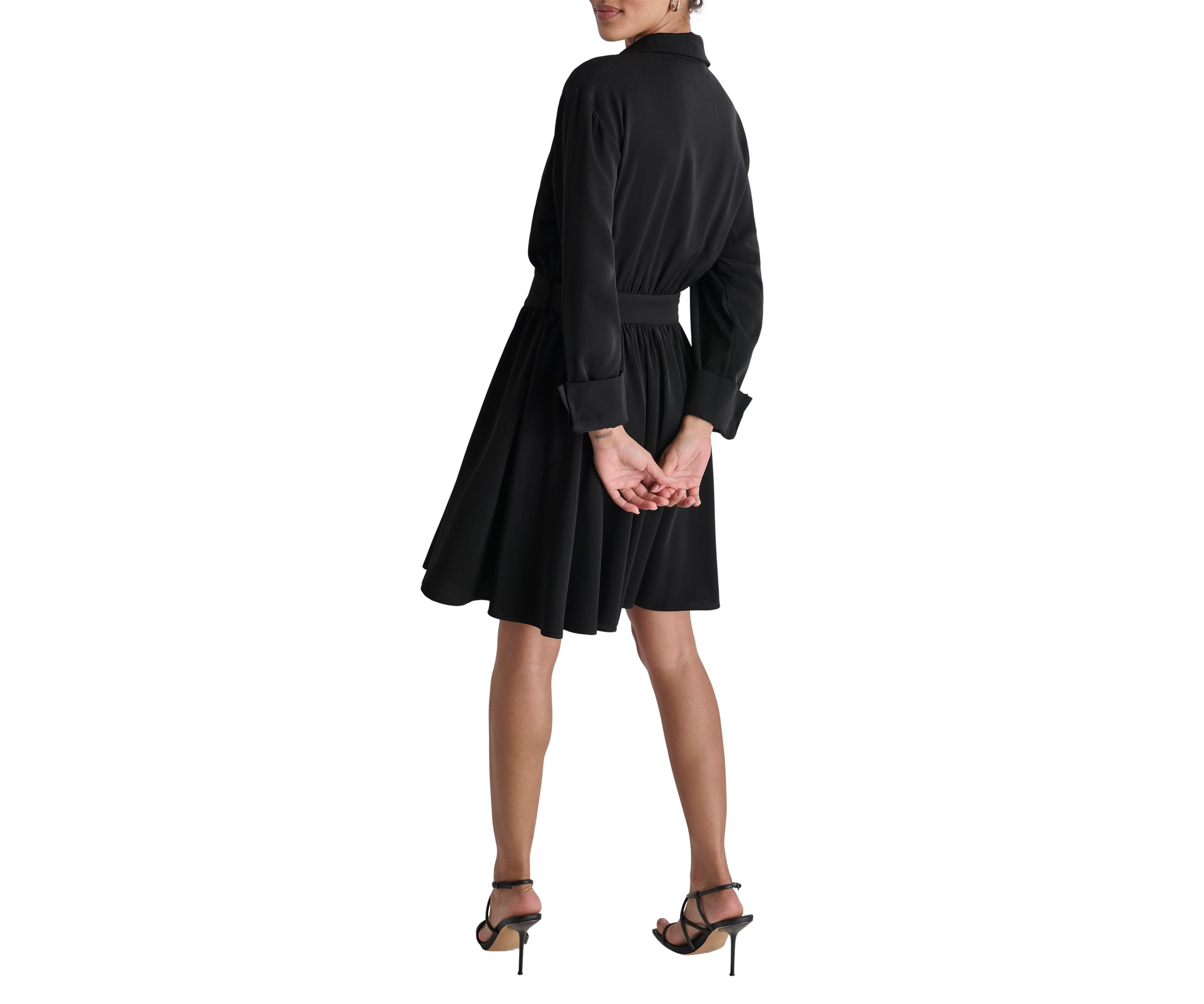 Womens Long Sleeve Collar Crepe Fit and Flare Dress