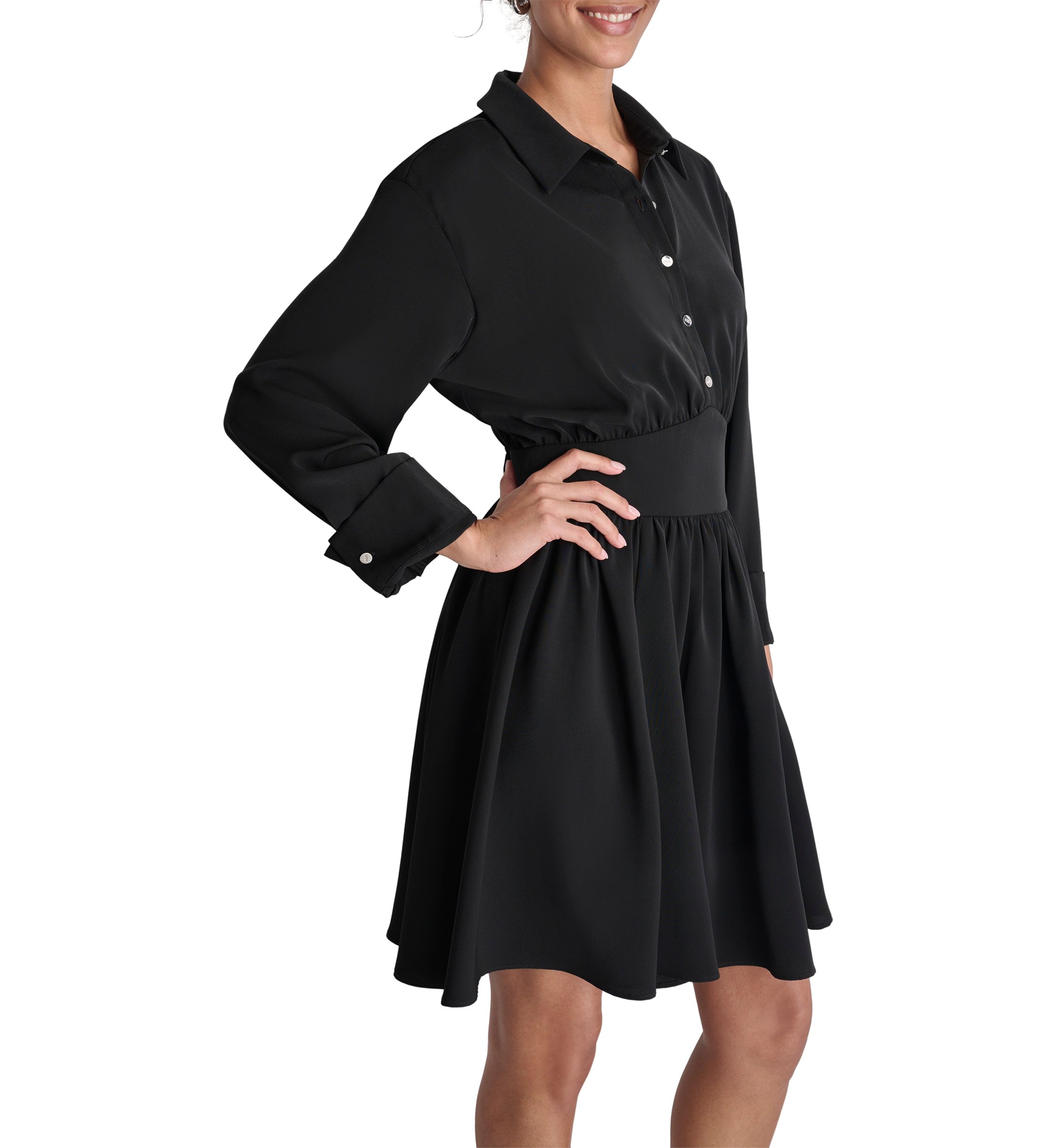 Womens Long Sleeve Collar Crepe Fit and Flare Dress