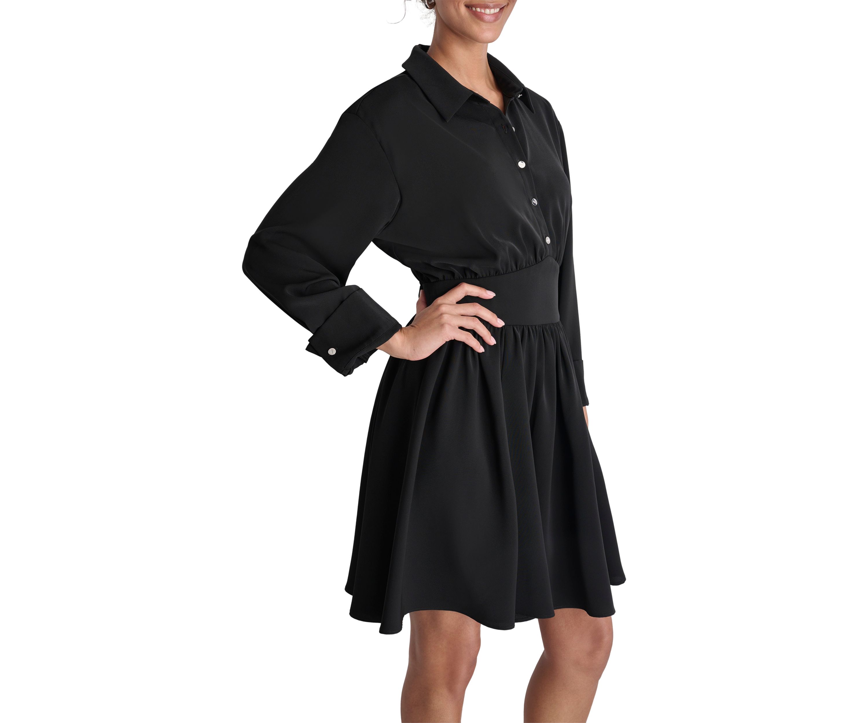 Womens Long Sleeve Collar Crepe Fit and Flare Dress