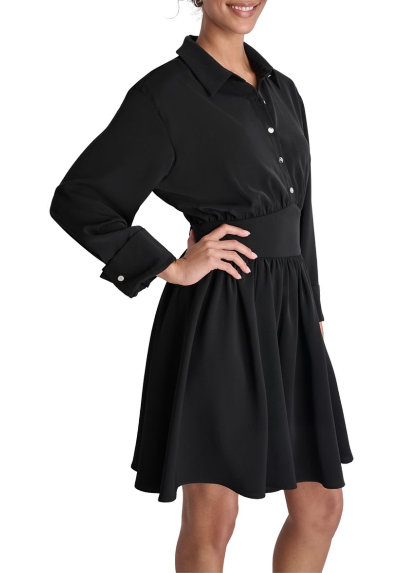 Womens Long Sleeve Collar Crepe Fit and Flare Dress