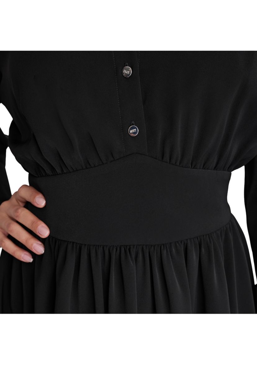 Womens Long Sleeve Collar Crepe Fit and Flare Dress