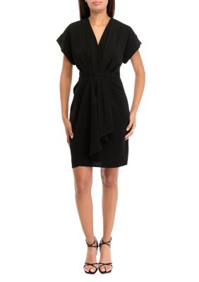 DKNY Women's Short Sleeve V-Neck Solid Crepe Fit and Flare Dress, Black, 2