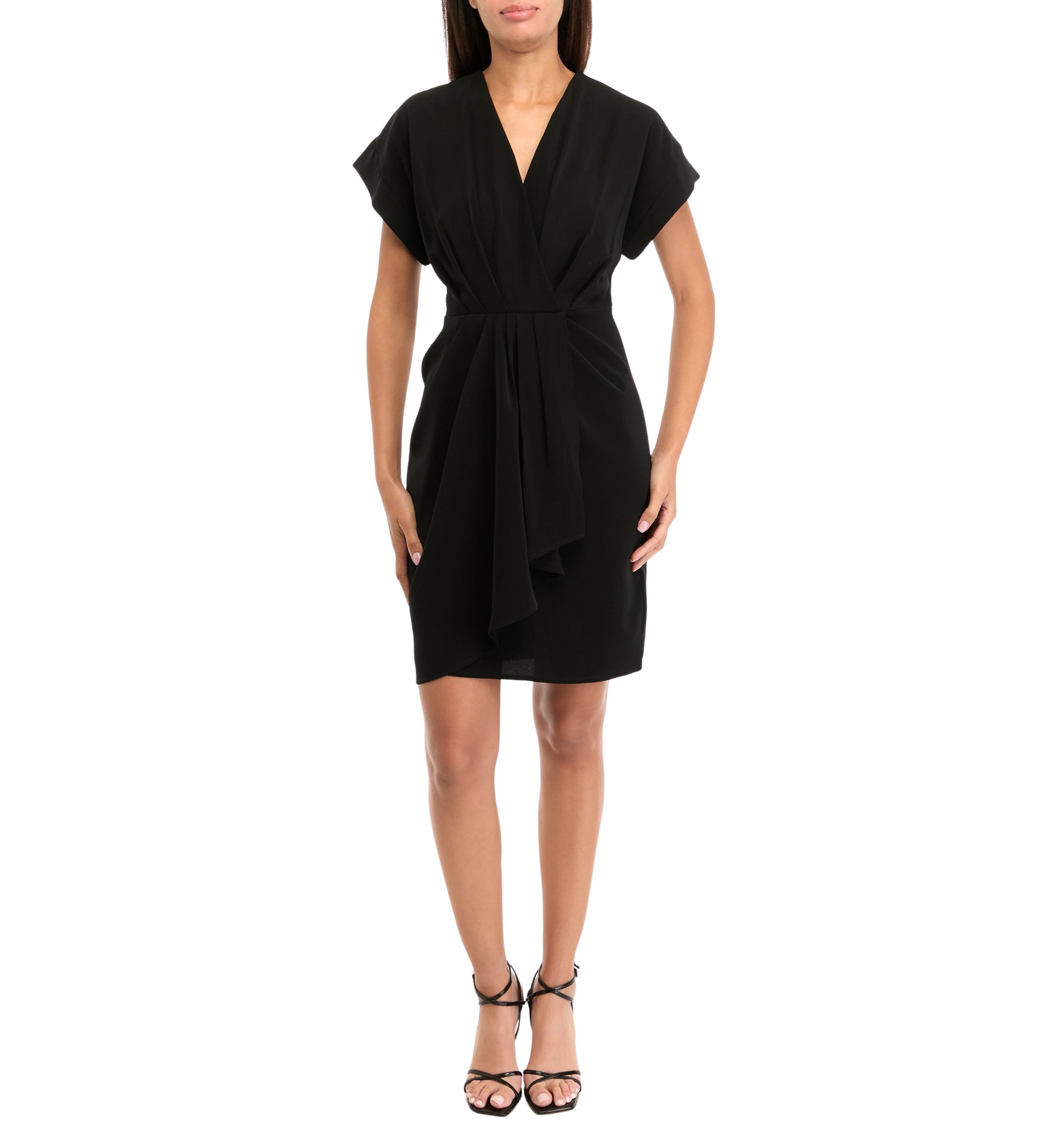 Womens Short Sleeve V-Neck Solid Crepe Fit and Flare Dress