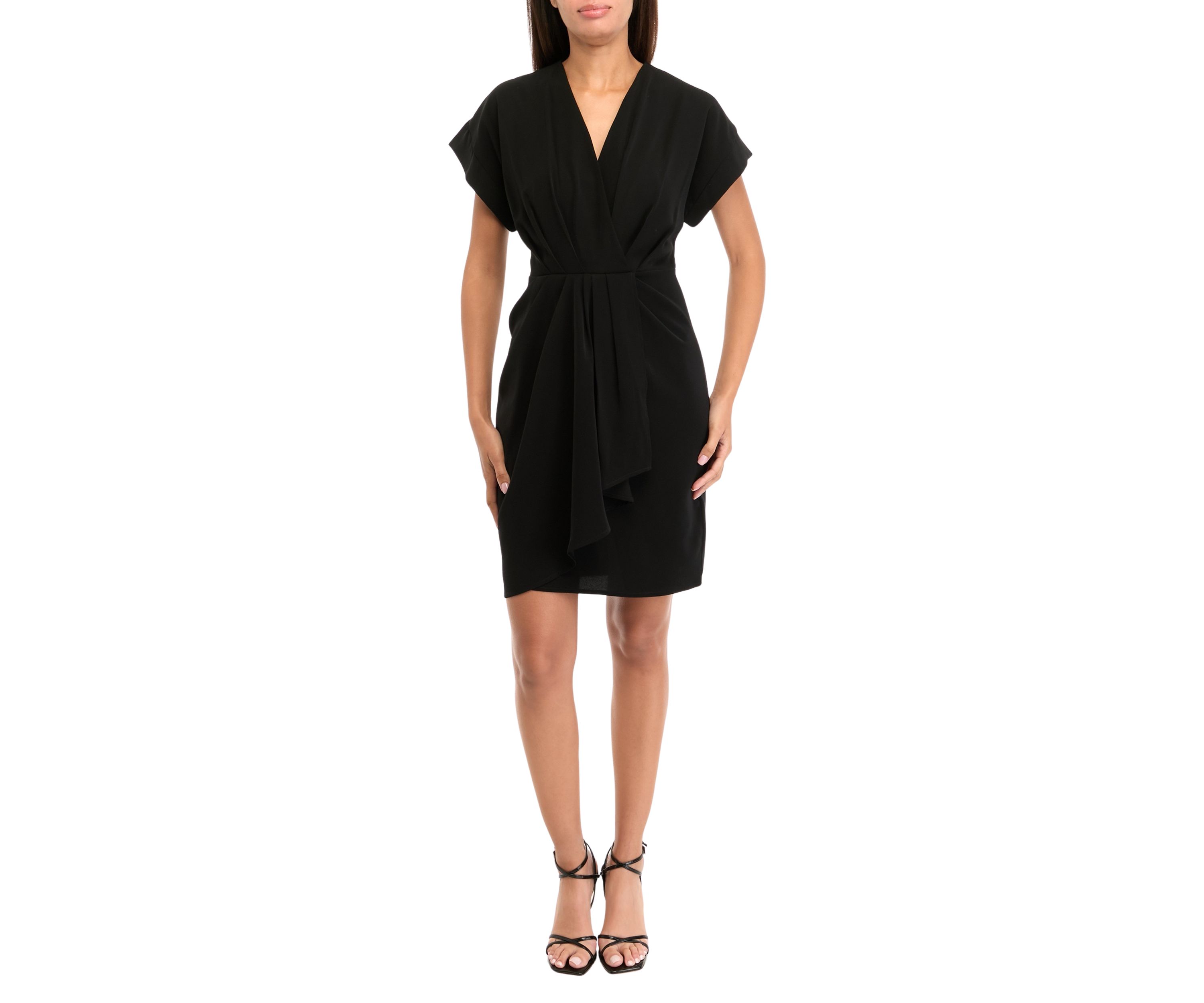 Womens Short Sleeve V-Neck Solid Crepe Fit and Flare Dress