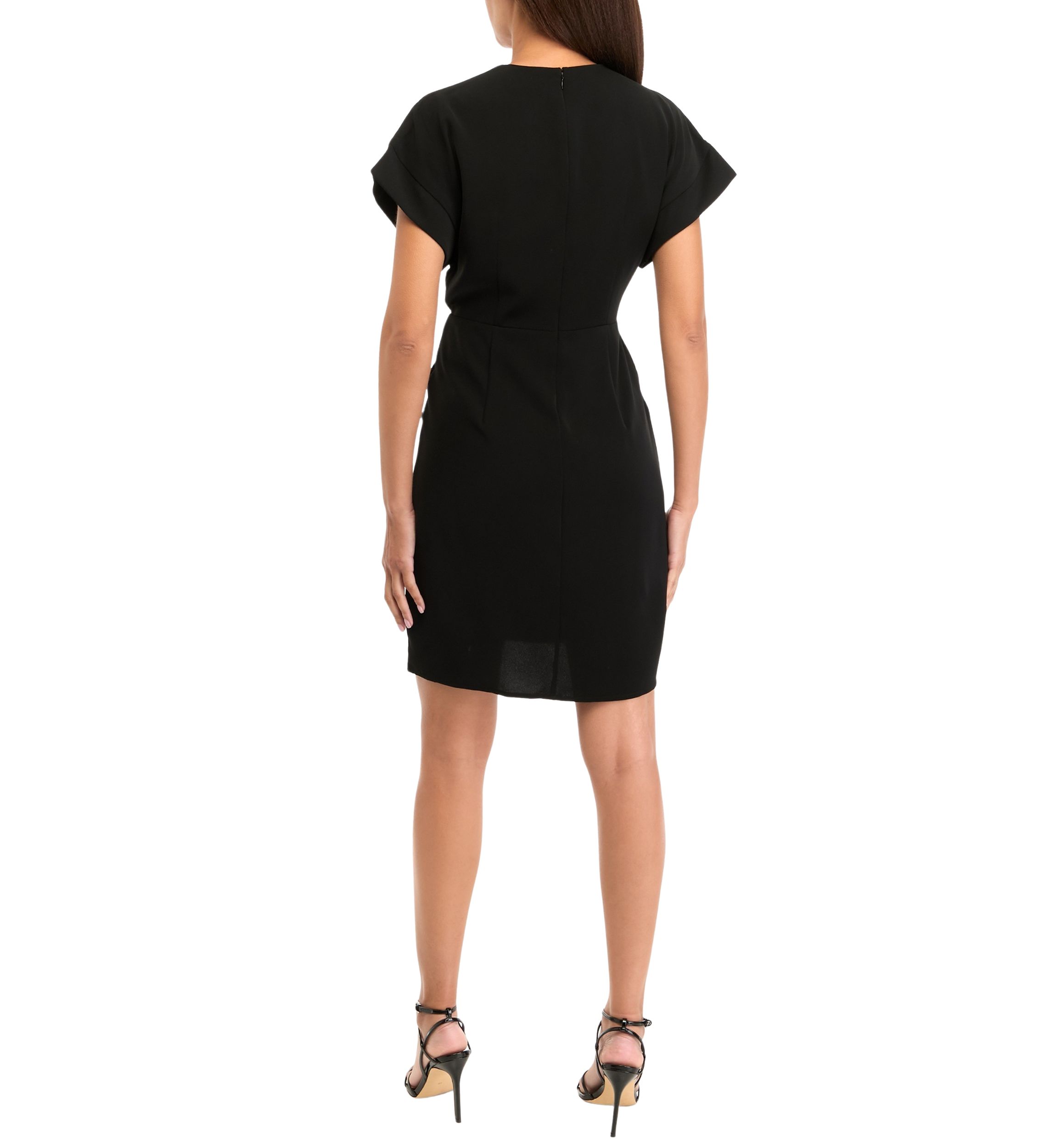 Womens Short Sleeve V-Neck Solid Crepe Fit and Flare Dress