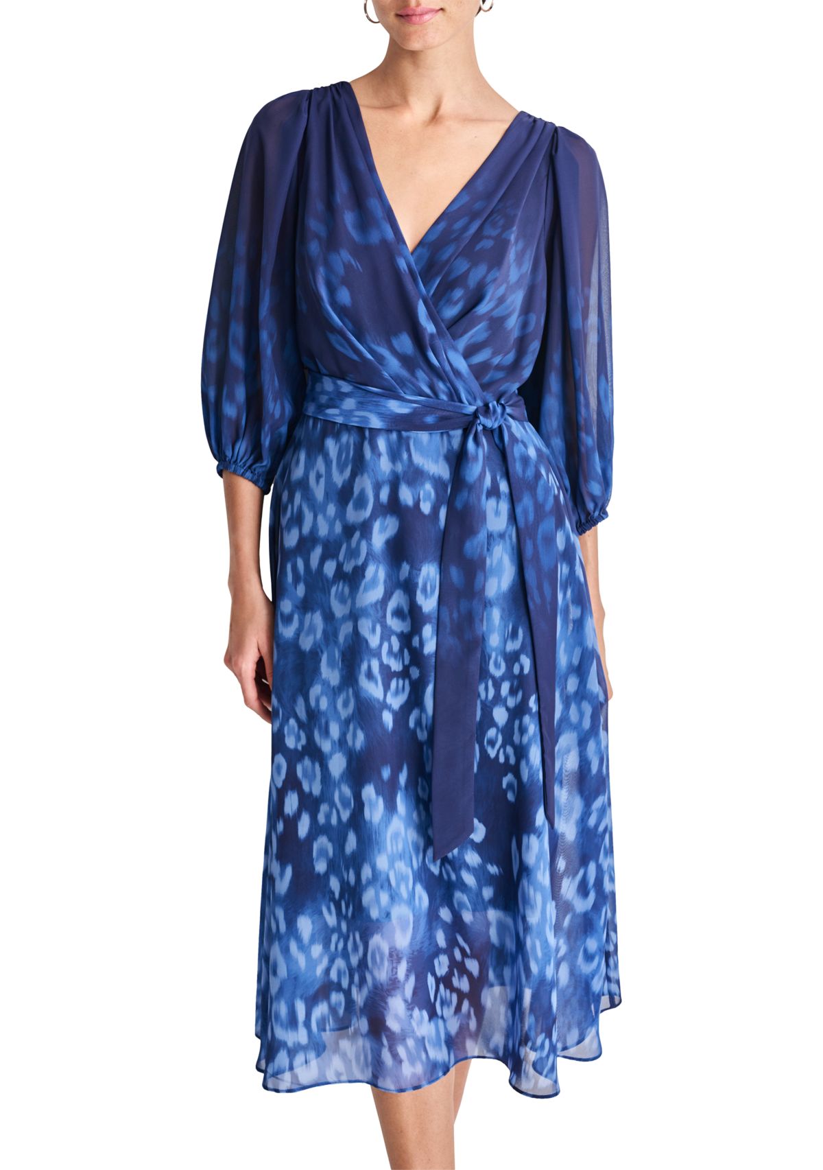 Womens 3/4 Blouson Sleeve Chiffon Printed Fit and Flare Dress