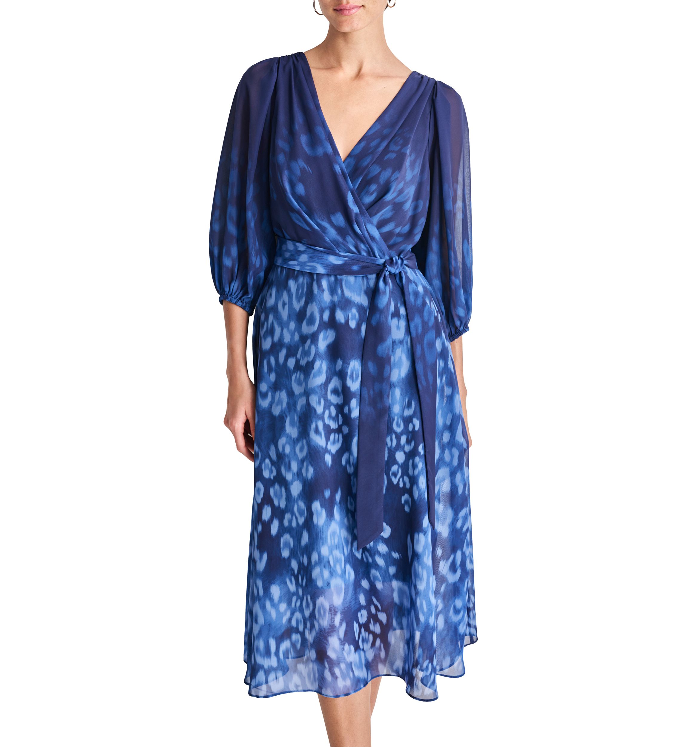 Womens 3/4 Blouson Sleeve Chiffon Printed Fit and Flare Dress