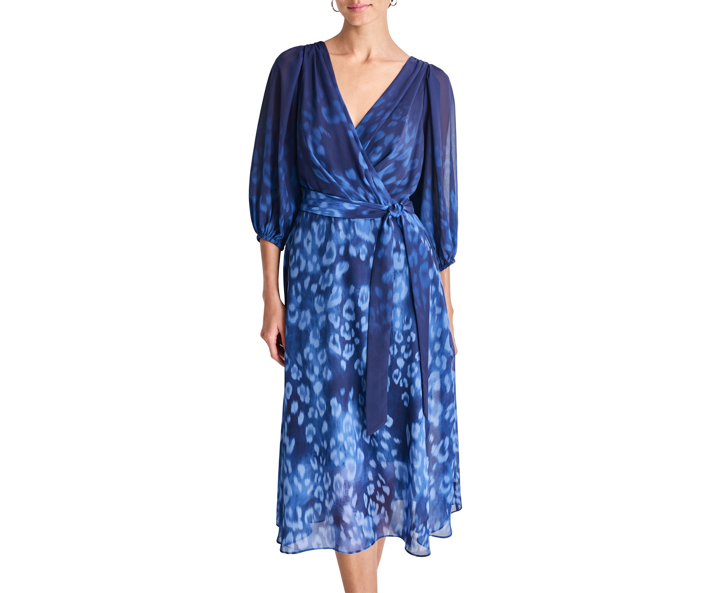 Womens 3/4 Blouson Sleeve Chiffon Printed Fit and Flare Dress