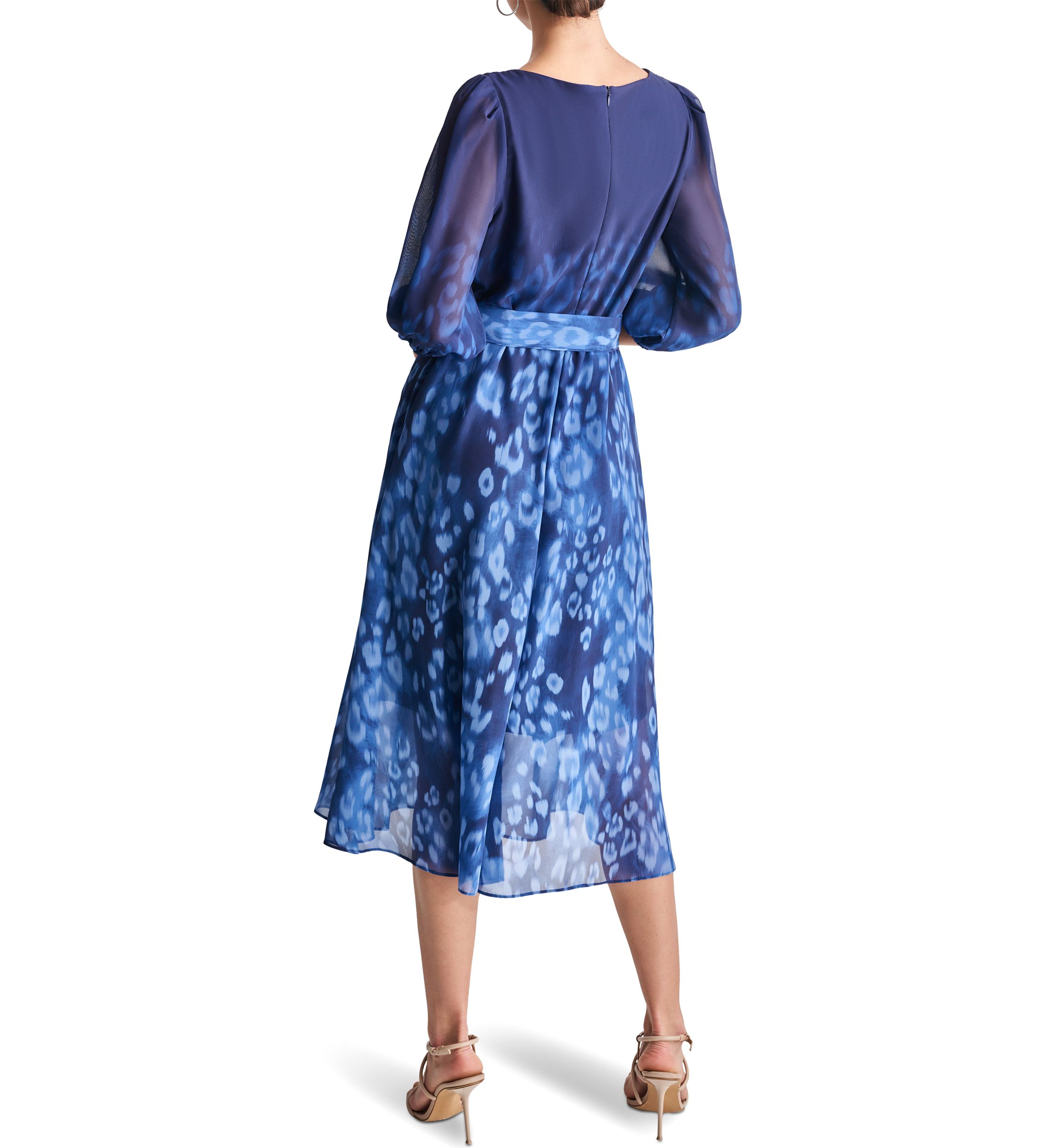 Womens 3/4 Blouson Sleeve Chiffon Printed Fit and Flare Dress