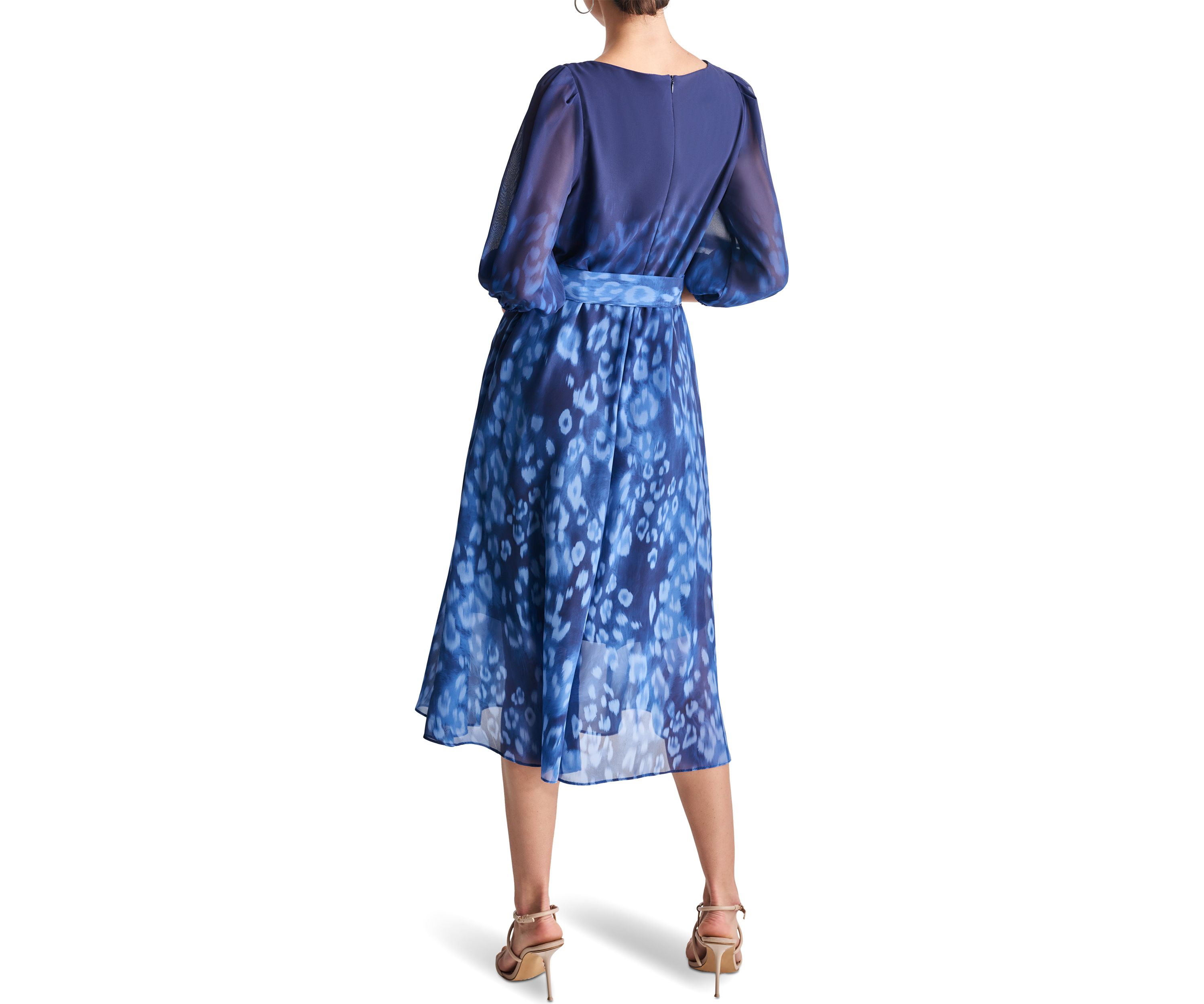 Womens 3/4 Blouson Sleeve Chiffon Printed Fit and Flare Dress
