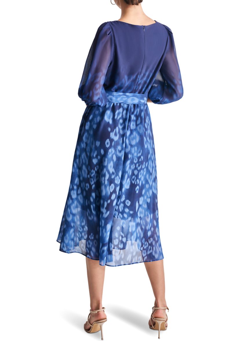 Womens 3/4 Blouson Sleeve Chiffon Printed Fit and Flare Dress