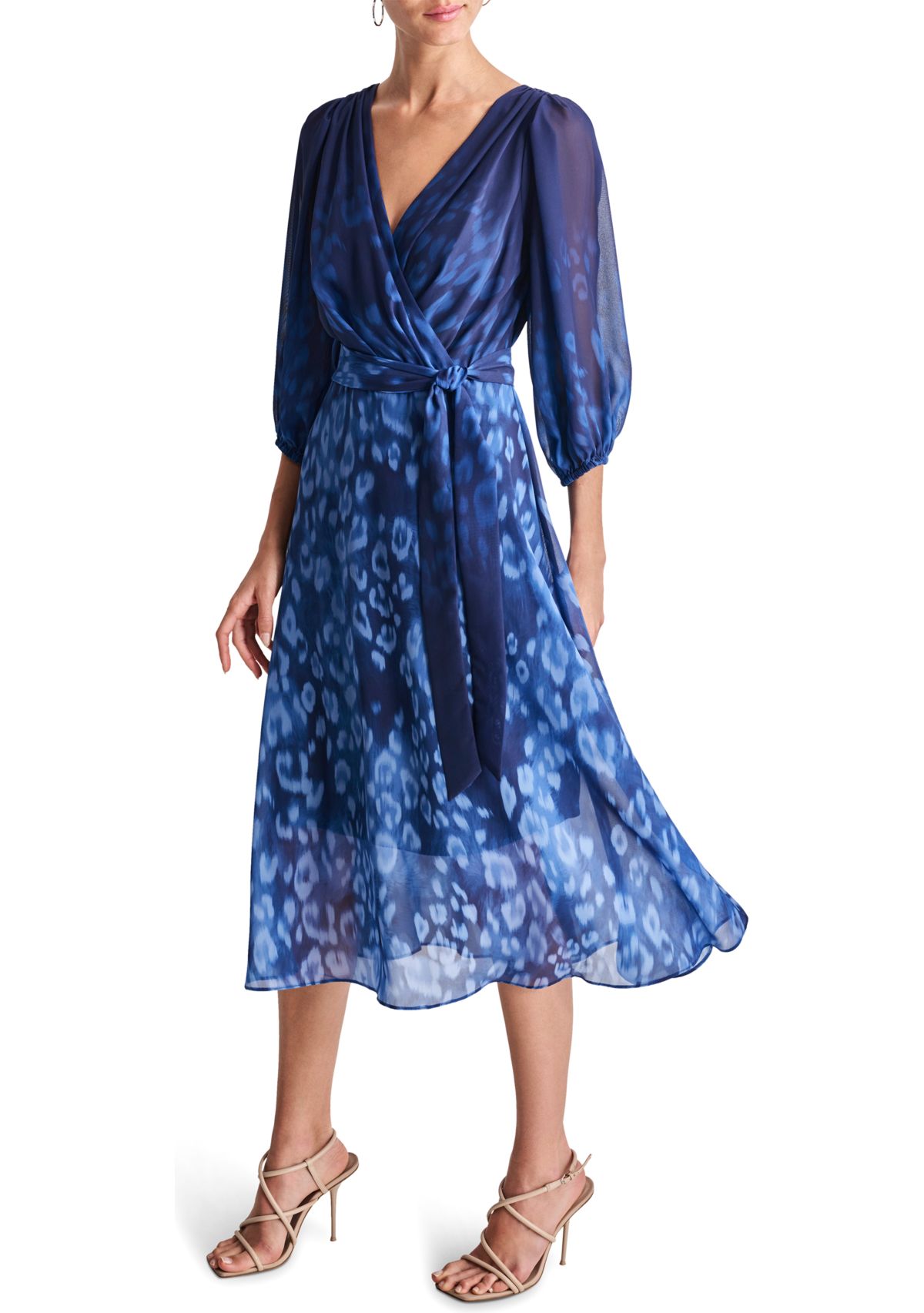Womens 3/4 Blouson Sleeve Chiffon Printed Fit and Flare Dress