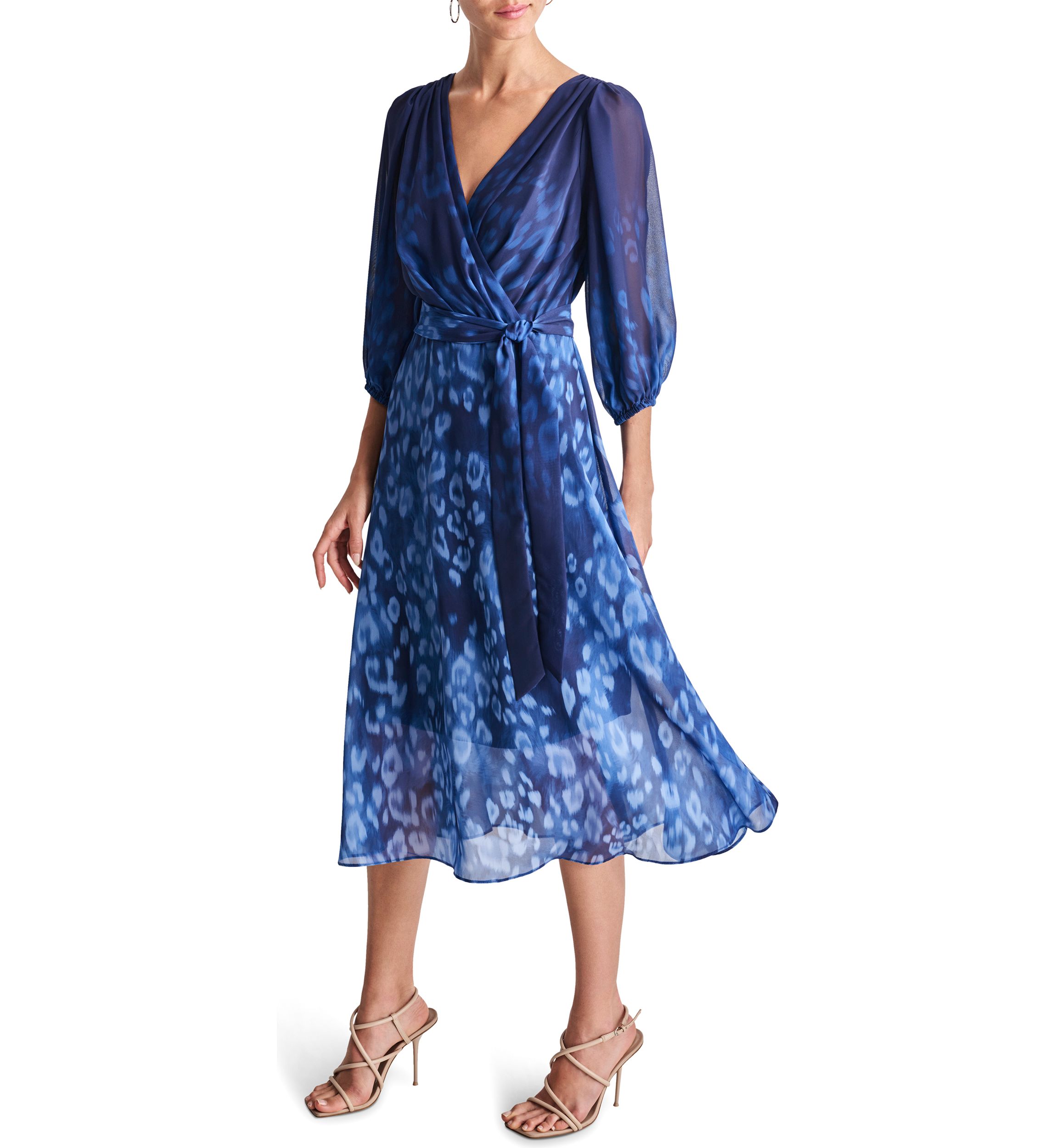 Womens 3/4 Blouson Sleeve Chiffon Printed Fit and Flare Dress