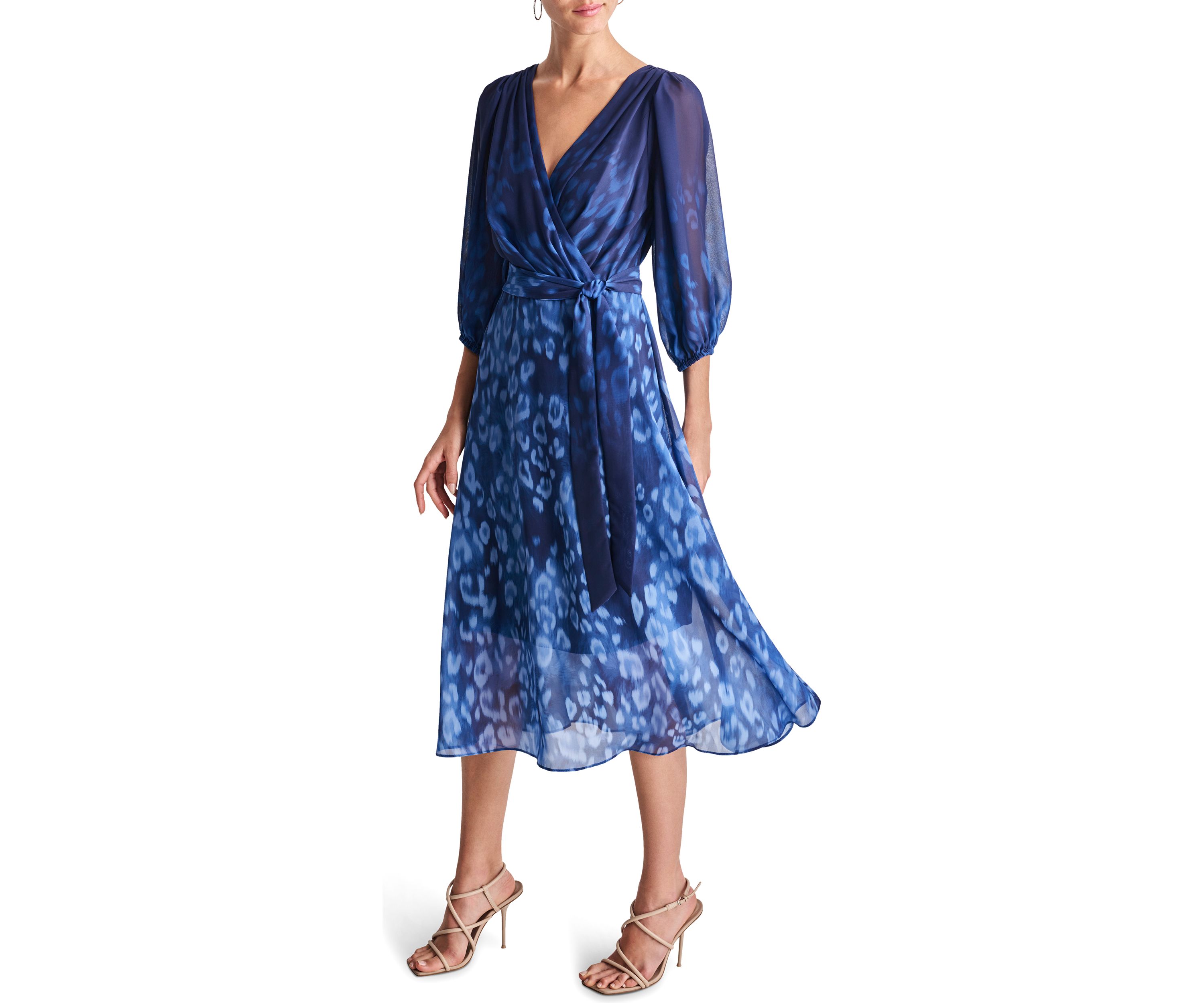 Womens 3/4 Blouson Sleeve Chiffon Printed Fit and Flare Dress