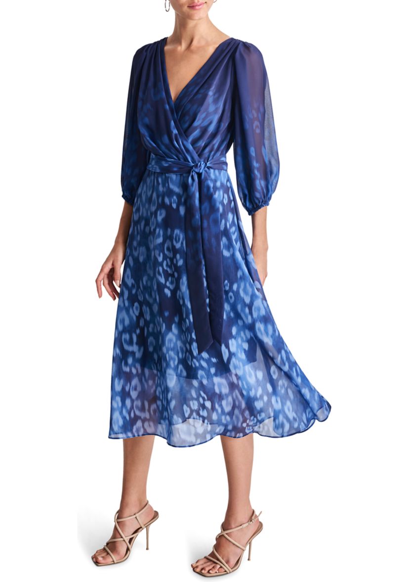 Womens 3/4 Blouson Sleeve Chiffon Printed Fit and Flare Dress