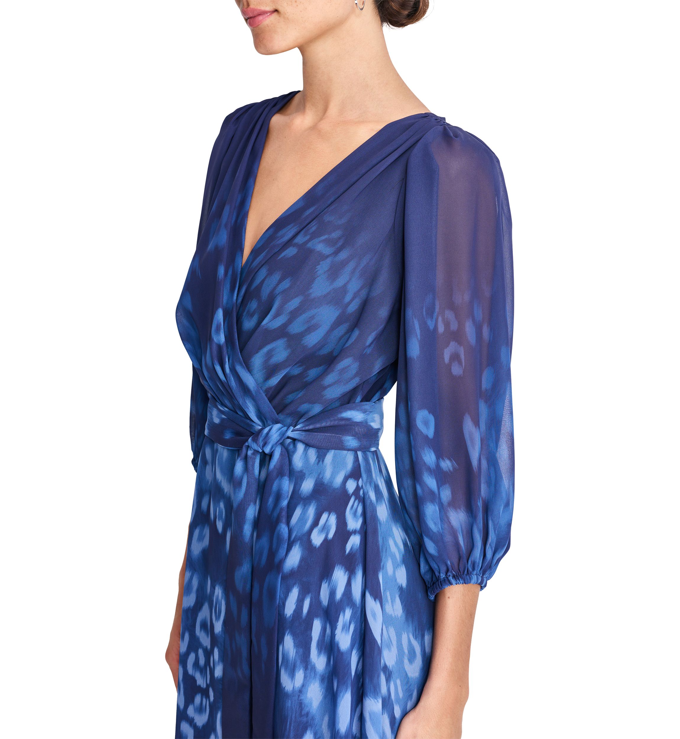 Womens 3/4 Blouson Sleeve Chiffon Printed Fit and Flare Dress