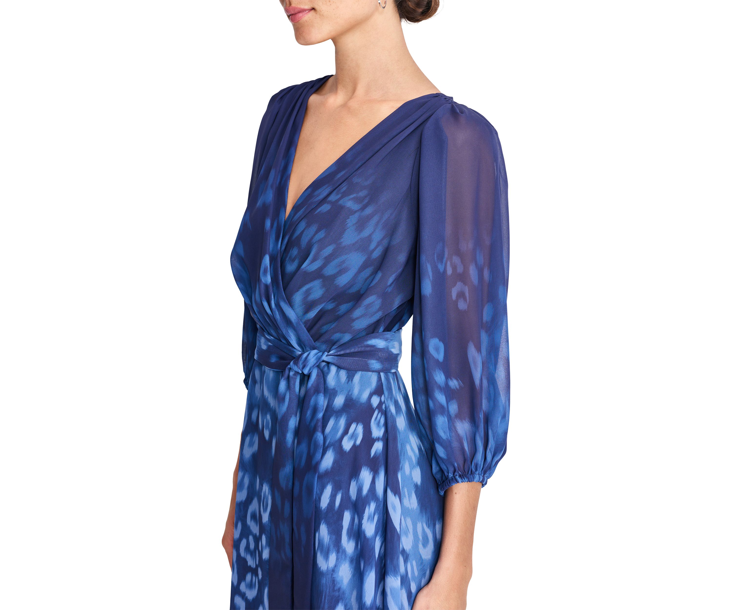 Womens 3/4 Blouson Sleeve Chiffon Printed Fit and Flare Dress