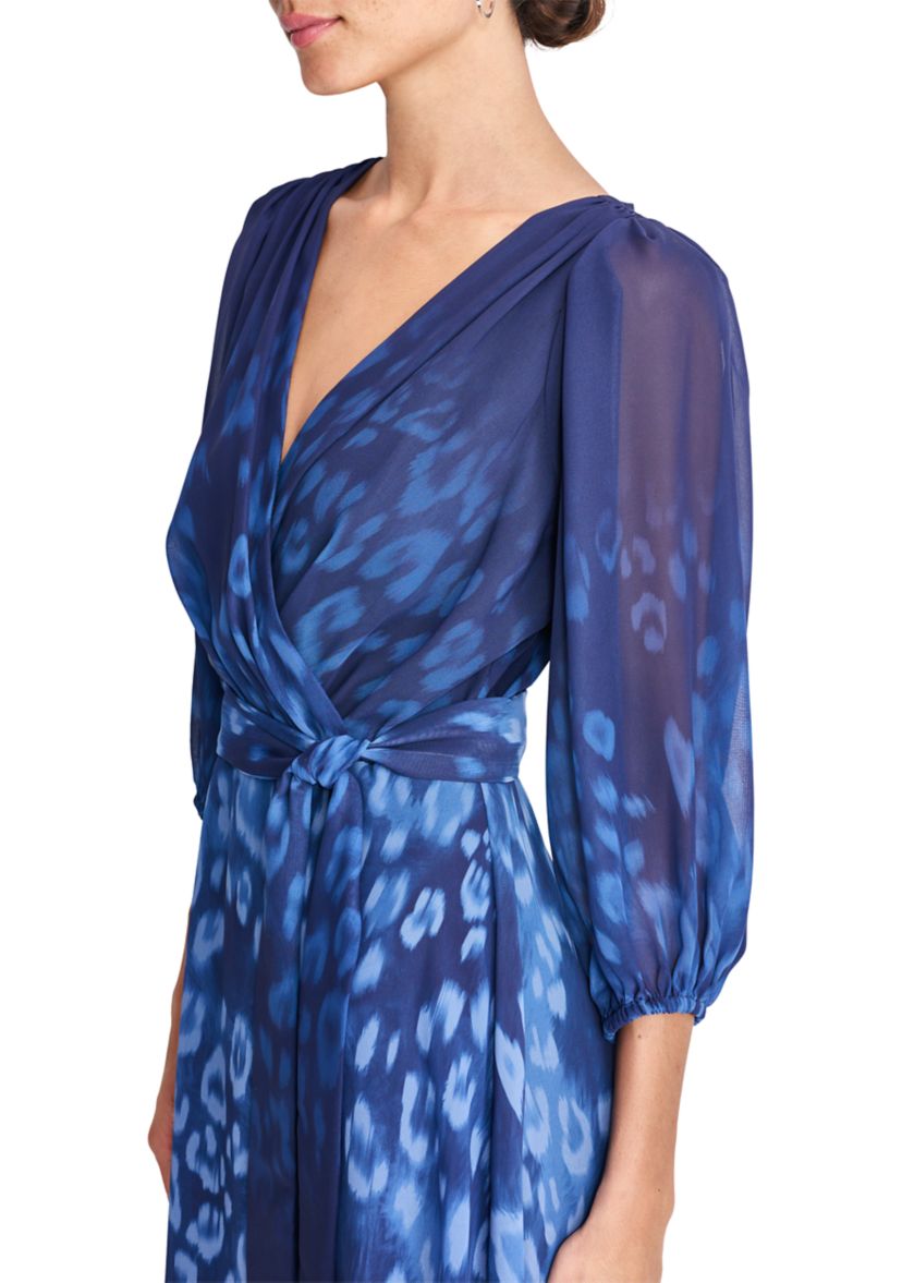 Womens 3/4 Blouson Sleeve Chiffon Printed Fit and Flare Dress
