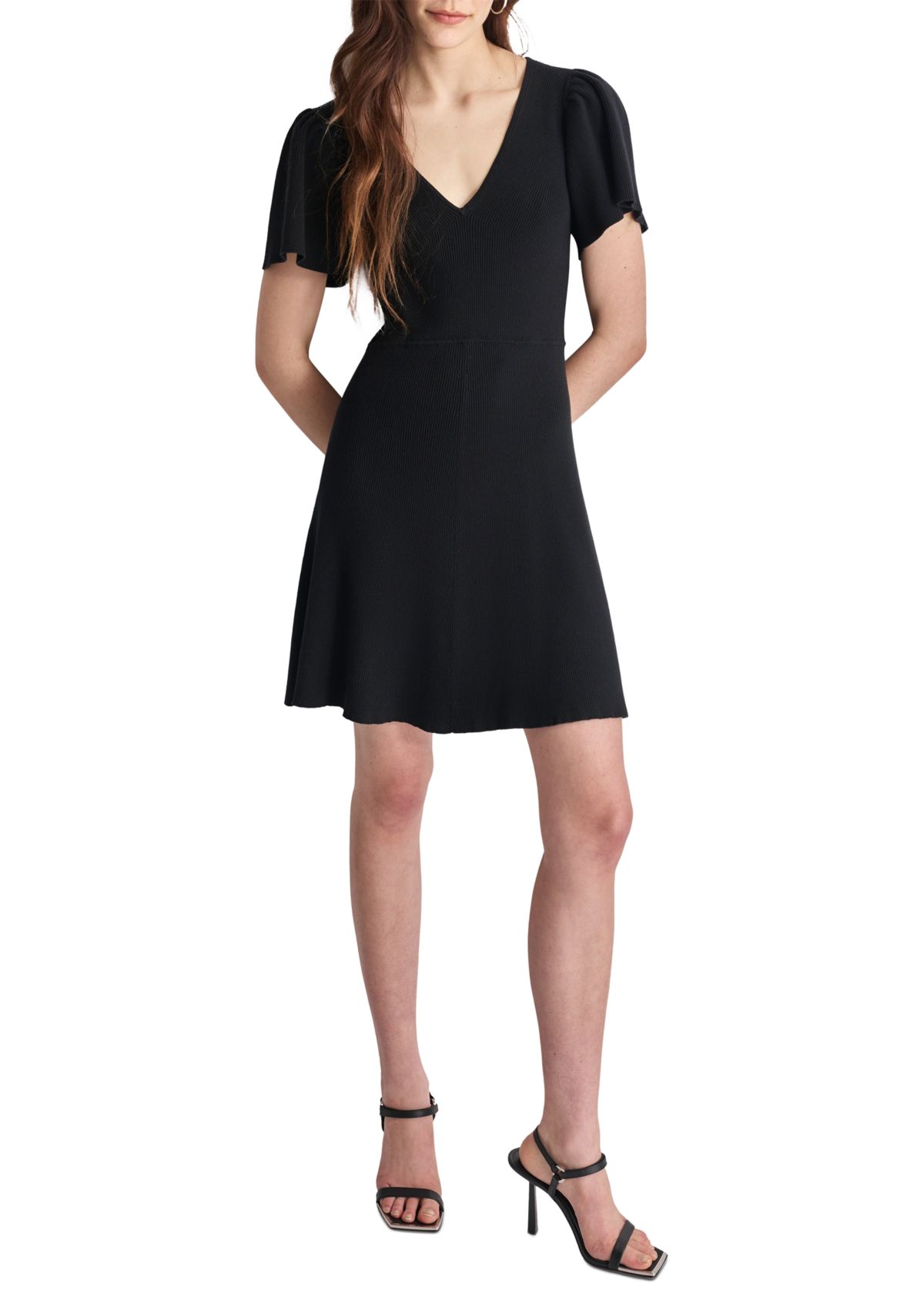 Womens Flutter Sleeve V-Neck Solid Crepe Fit and Flare Dress