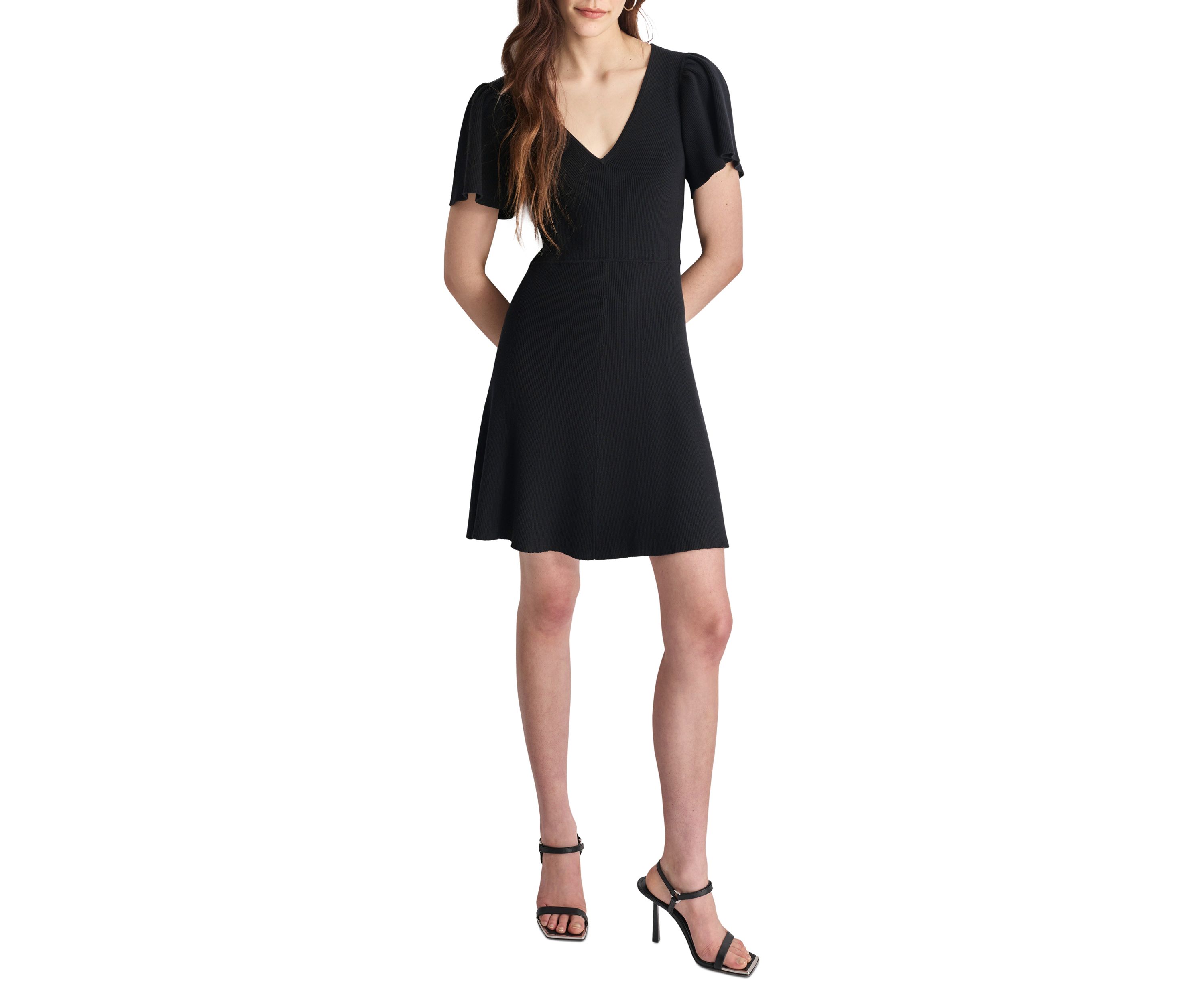 Womens Flutter Sleeve V-Neck Solid Crepe Fit and Flare Dress