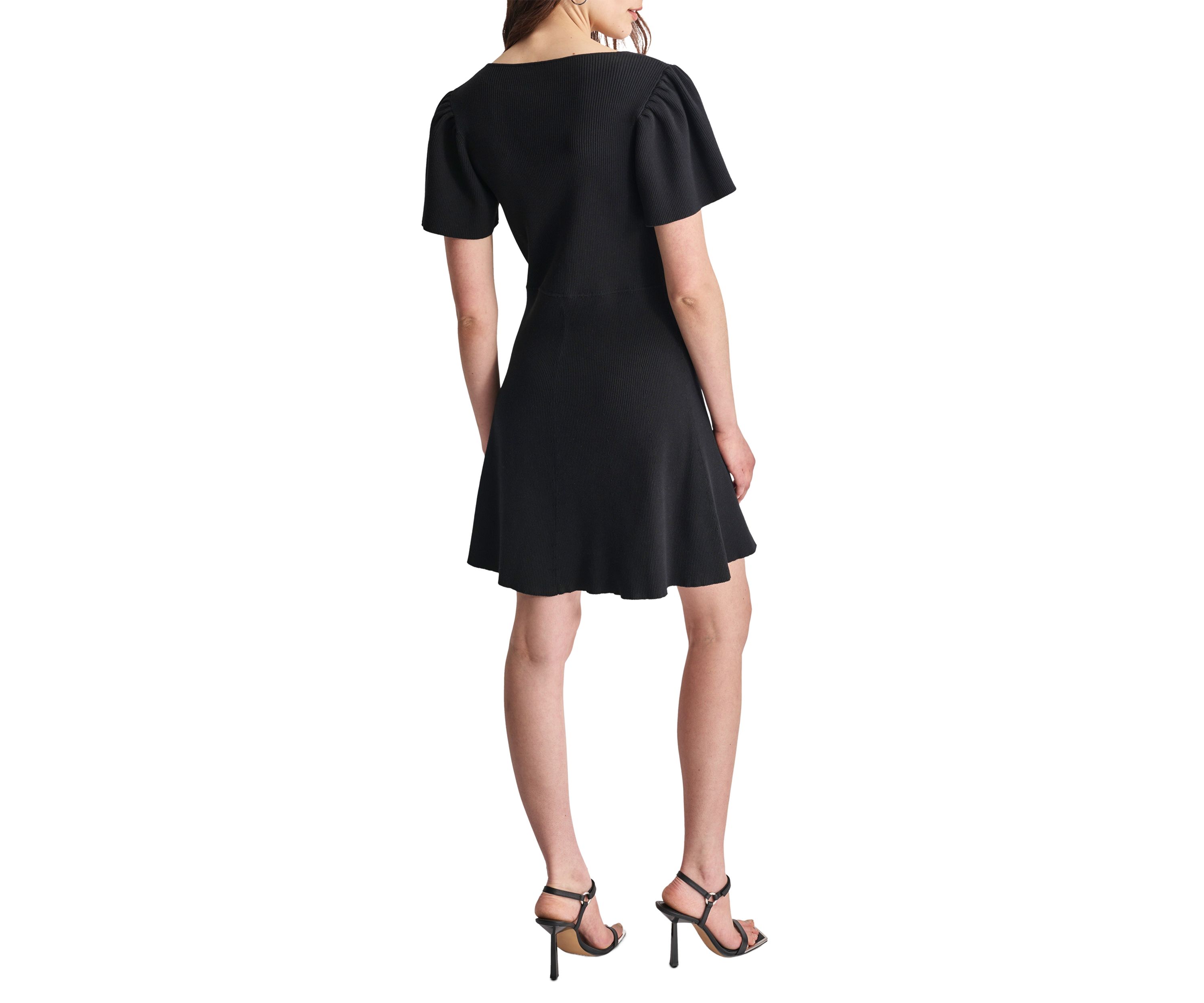 Womens Flutter Sleeve V-Neck Solid Crepe Fit and Flare Dress