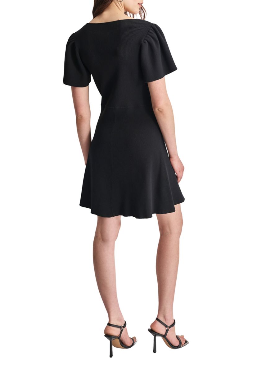 Womens Flutter Sleeve V-Neck Solid Crepe Fit and Flare Dress