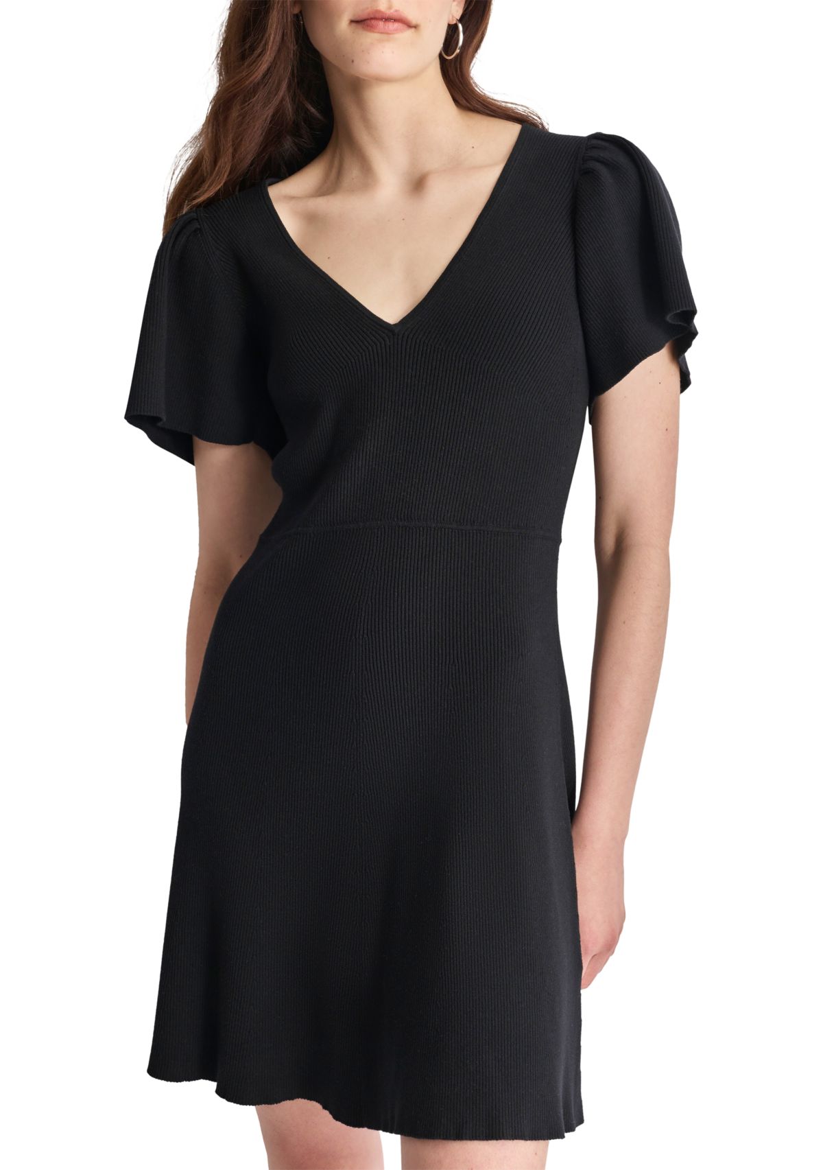 Womens Flutter Sleeve V-Neck Solid Crepe Fit and Flare Dress