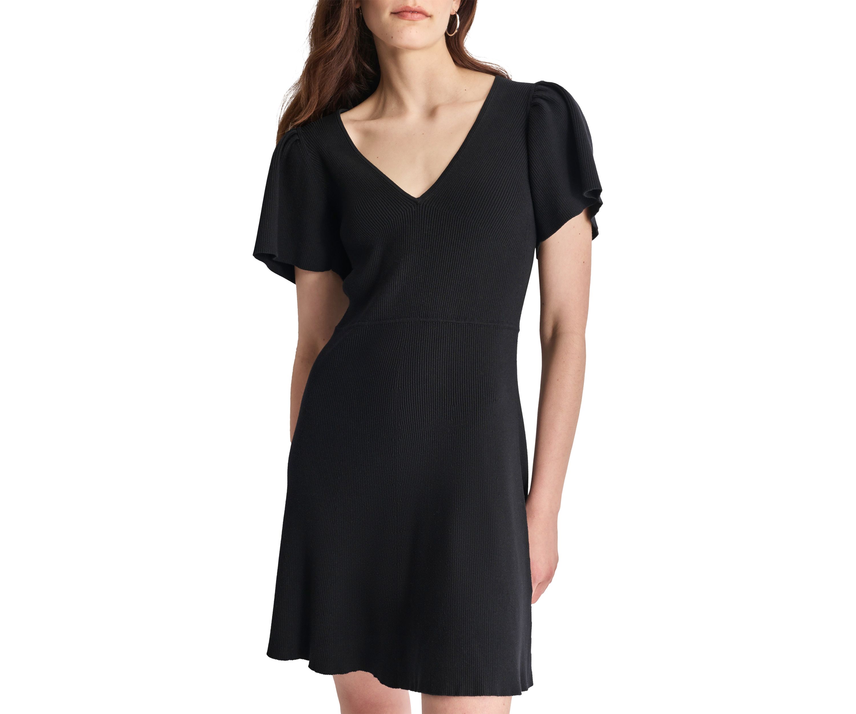 Womens Flutter Sleeve V-Neck Solid Crepe Fit and Flare Dress