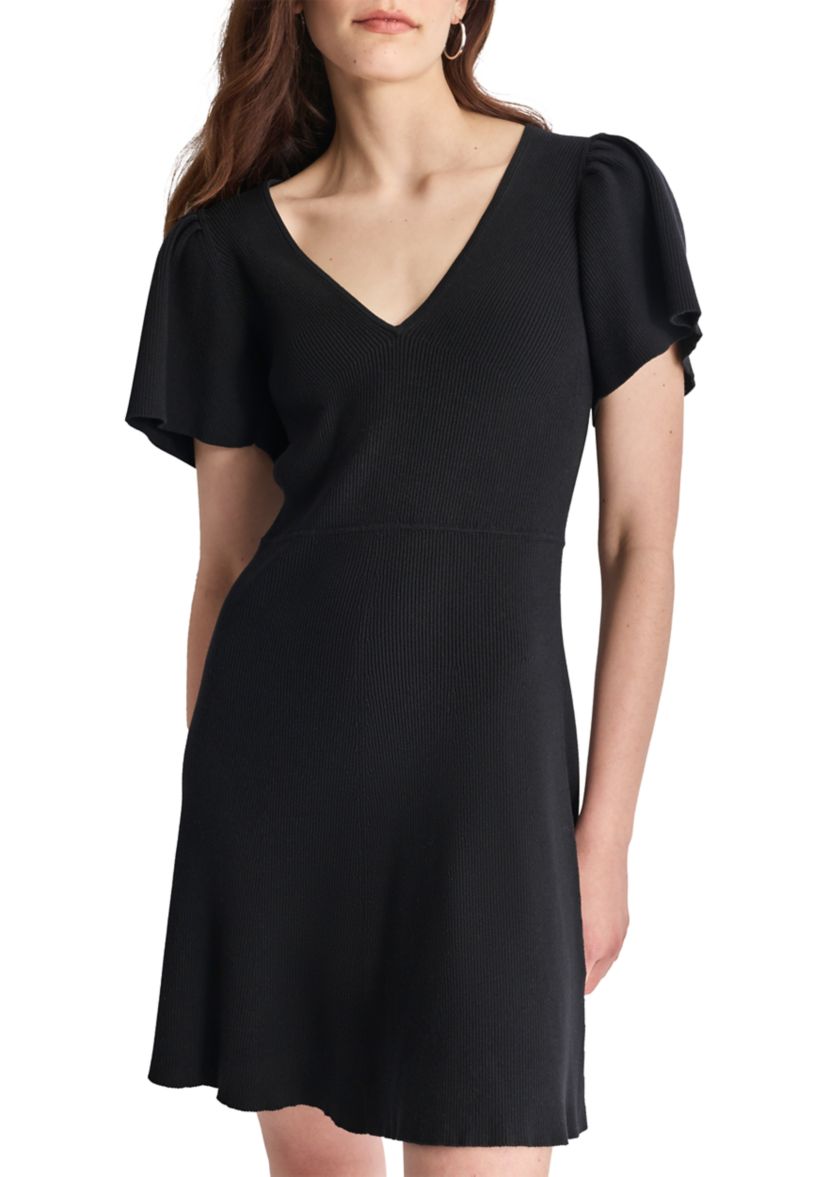 Womens Flutter Sleeve V-Neck Solid Crepe Fit and Flare Dress