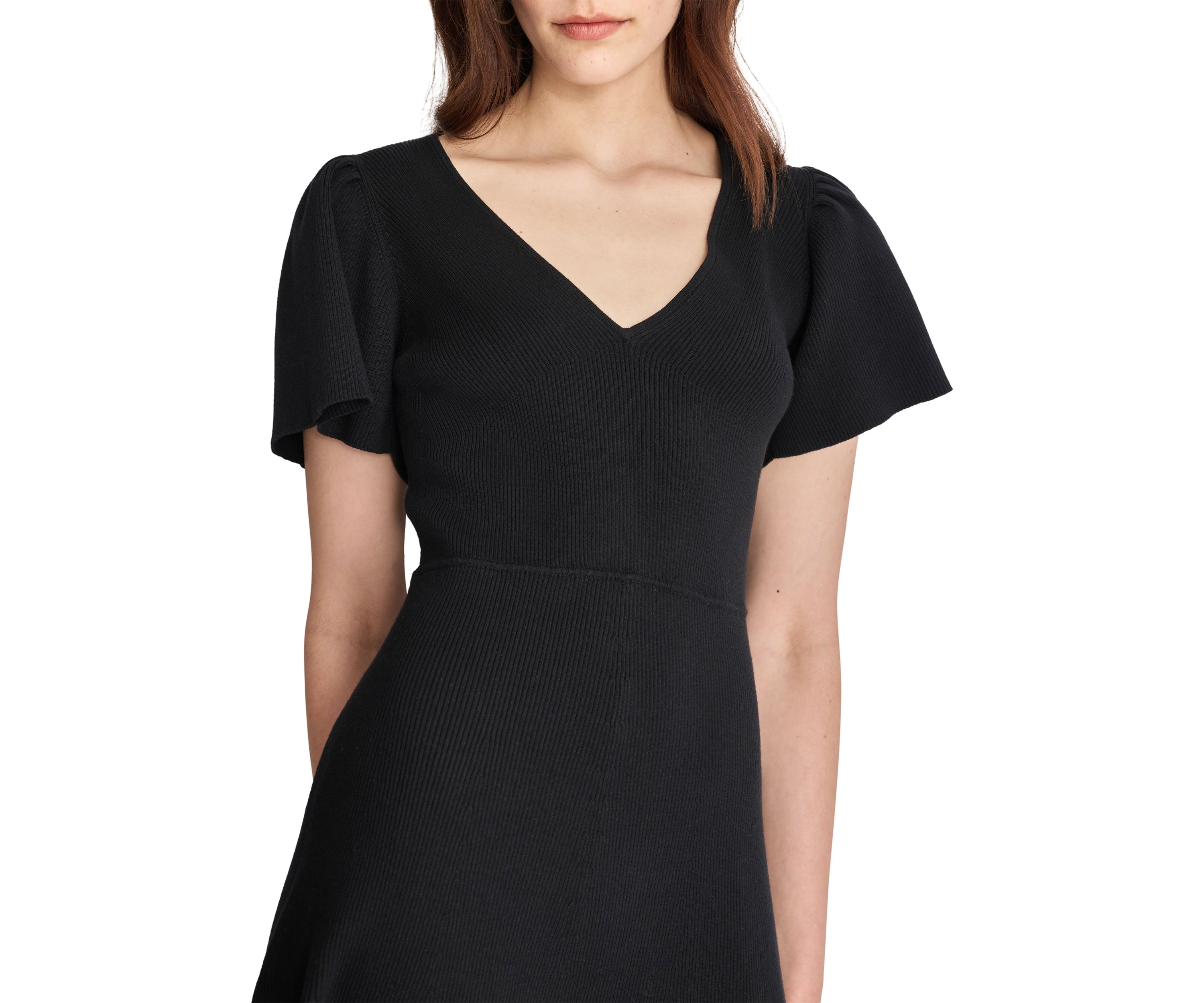 Womens Flutter Sleeve V-Neck Solid Crepe Fit and Flare Dress