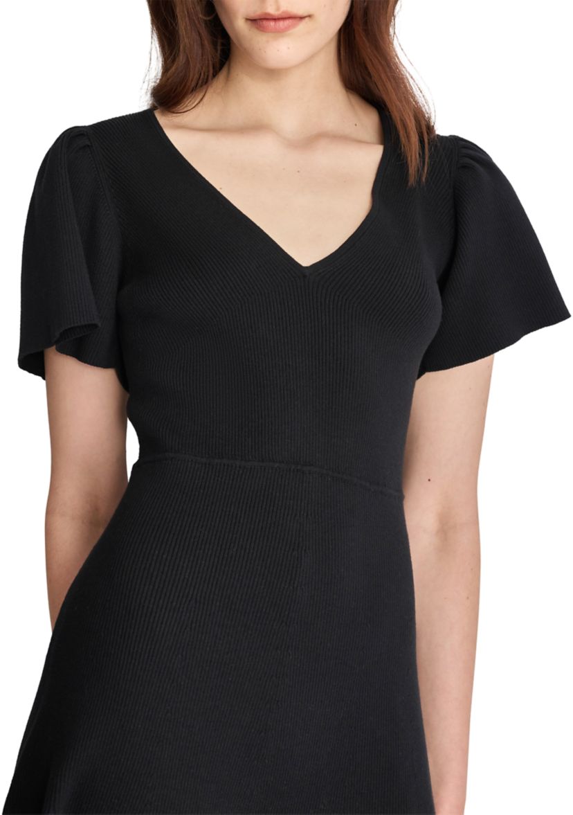 Womens Flutter Sleeve V-Neck Solid Crepe Fit and Flare Dress