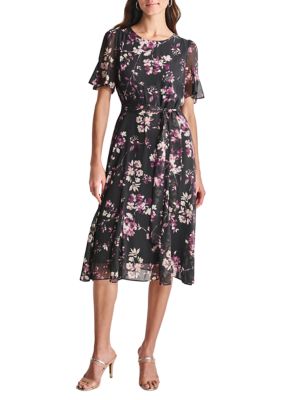 DKNY Women's Short Sleeve Round Neck Printed Chiffon Midi Dress, 2