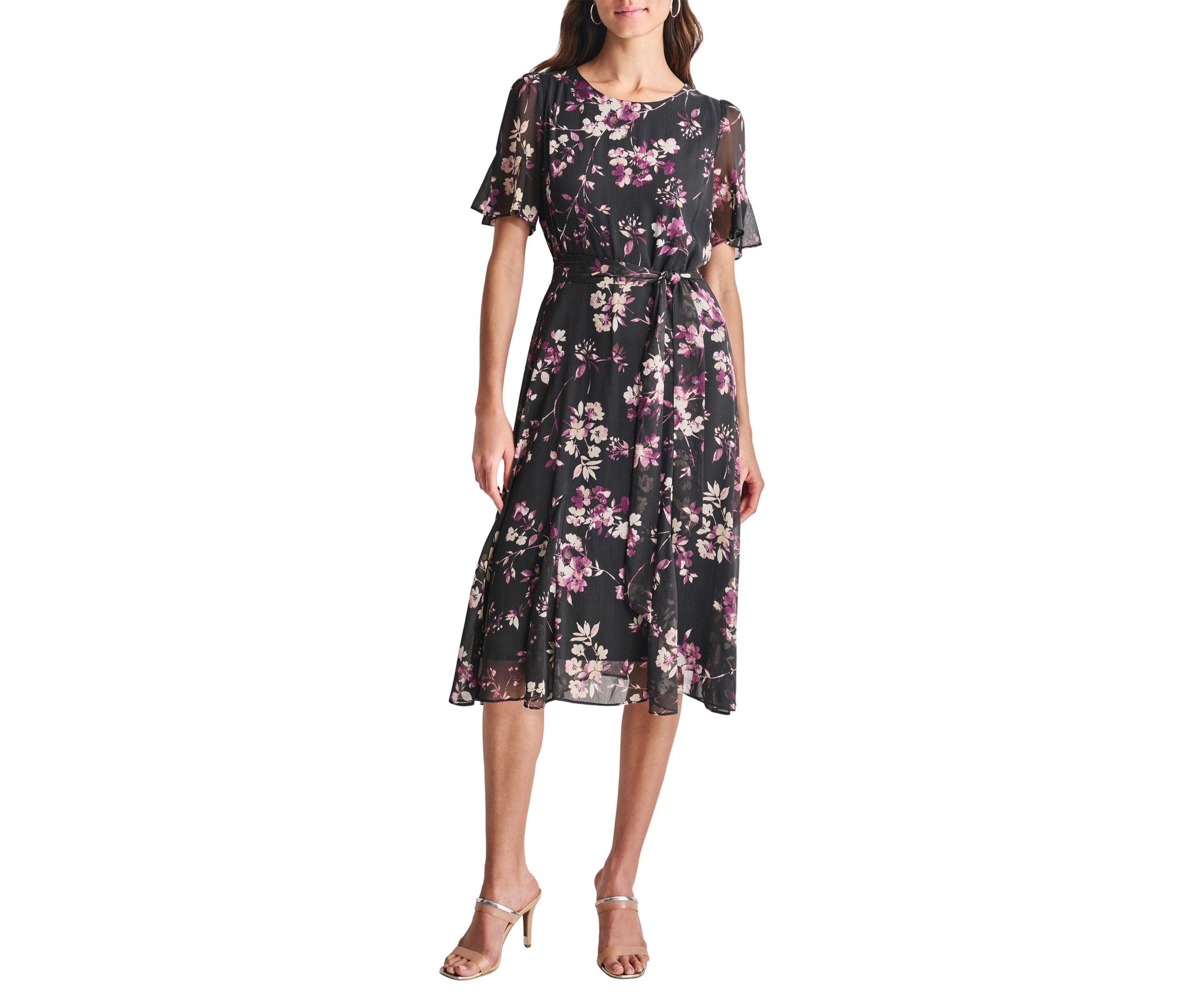 Womens Short Sleeve Round Neck Printed Chiffon Midi Dress