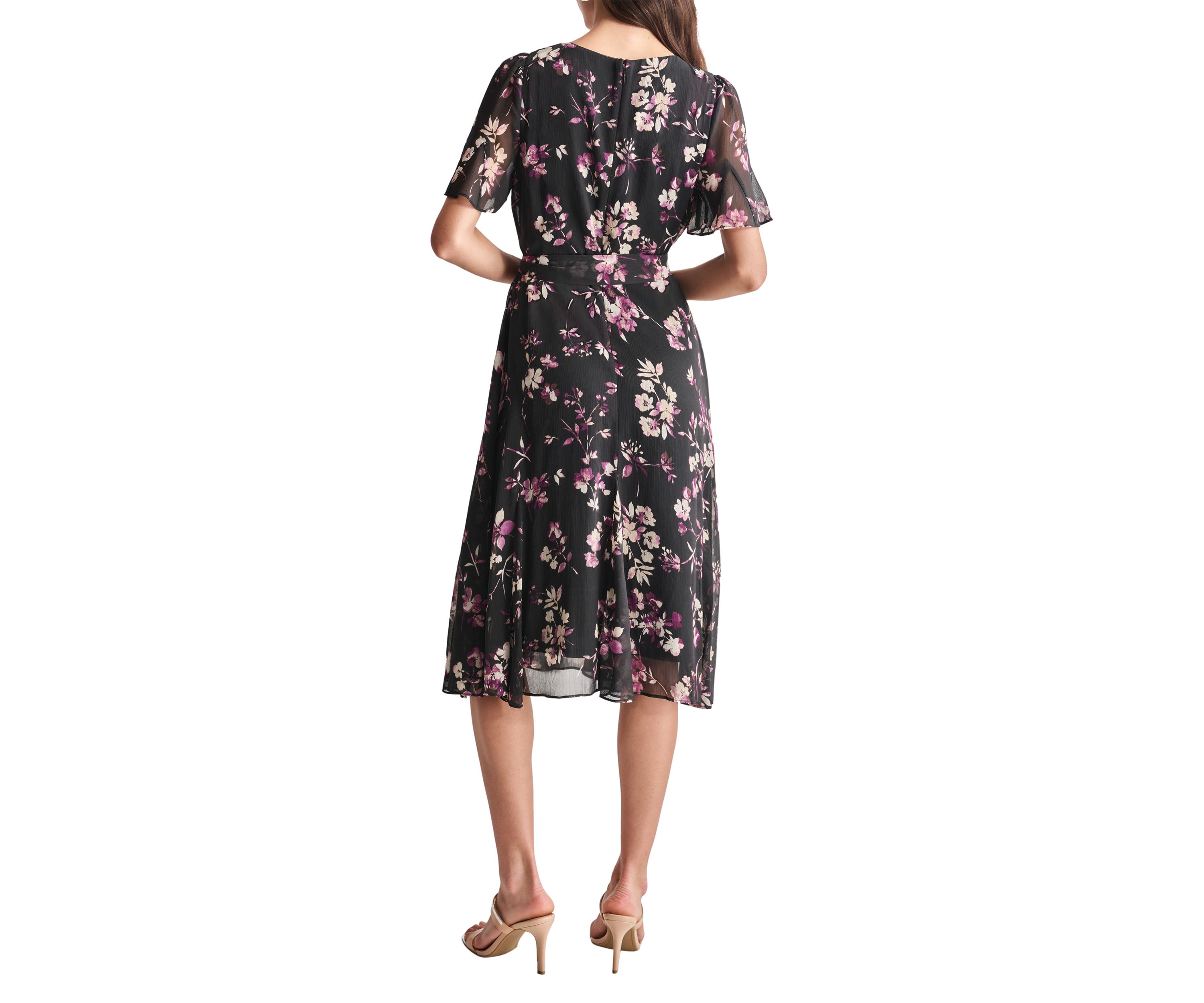 Womens Short Sleeve Round Neck Printed Chiffon Midi Dress