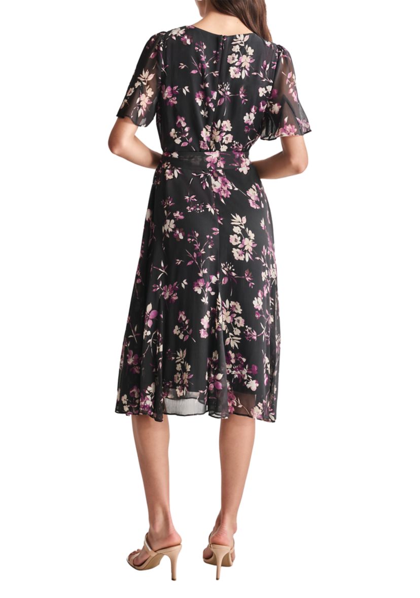 Womens Short Sleeve Round Neck Printed Chiffon Midi Dress