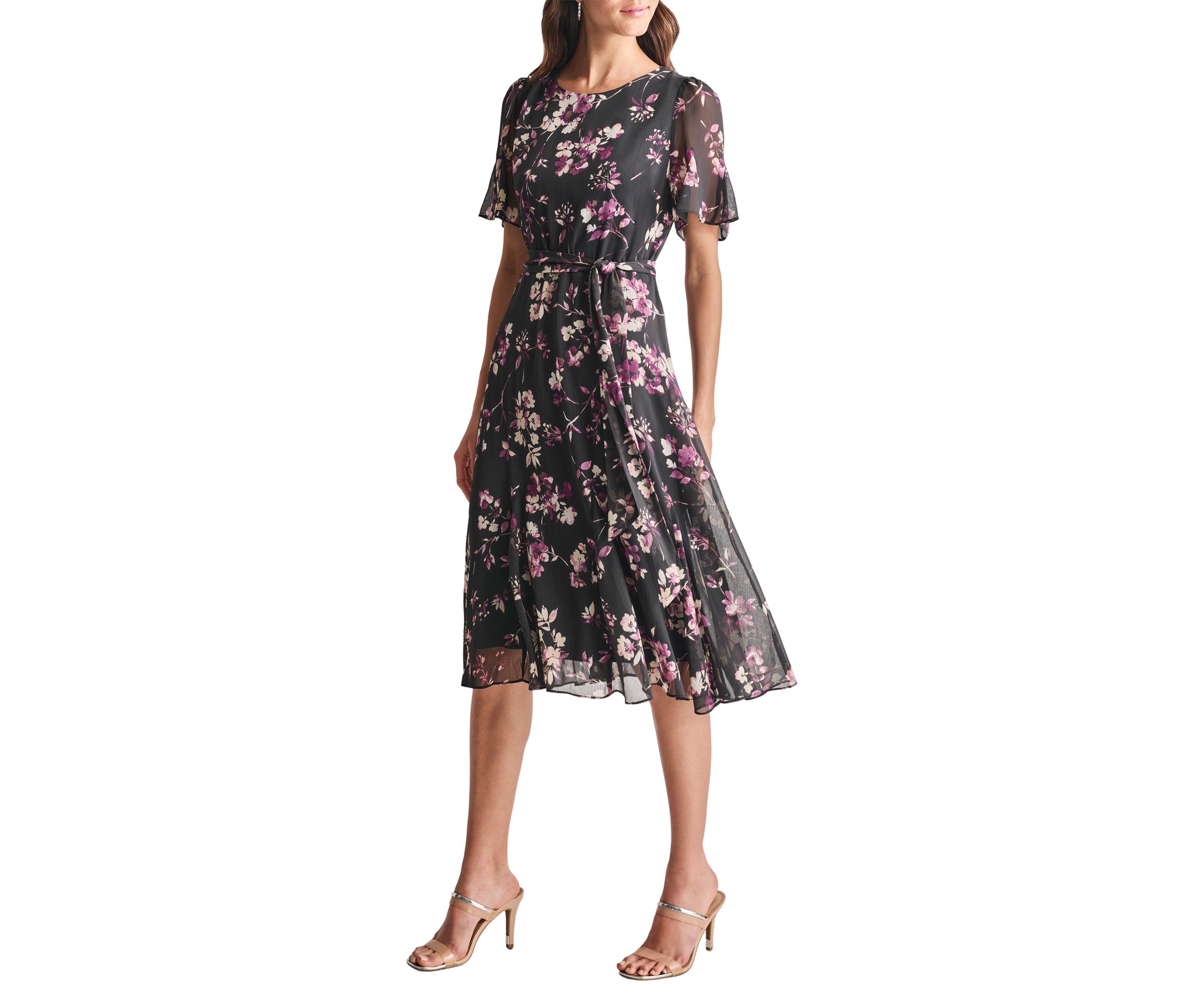 Womens Short Sleeve Round Neck Printed Chiffon Midi Dress