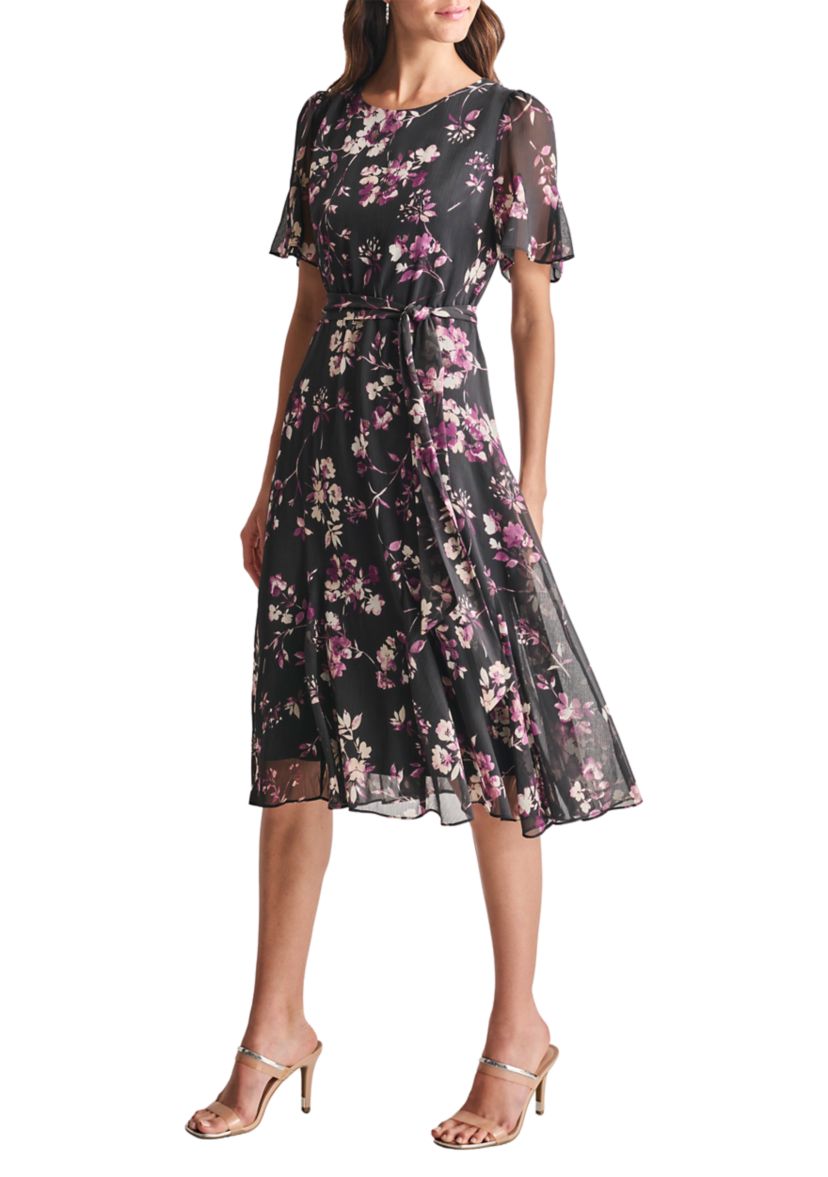 Womens Short Sleeve Round Neck Printed Chiffon Midi Dress