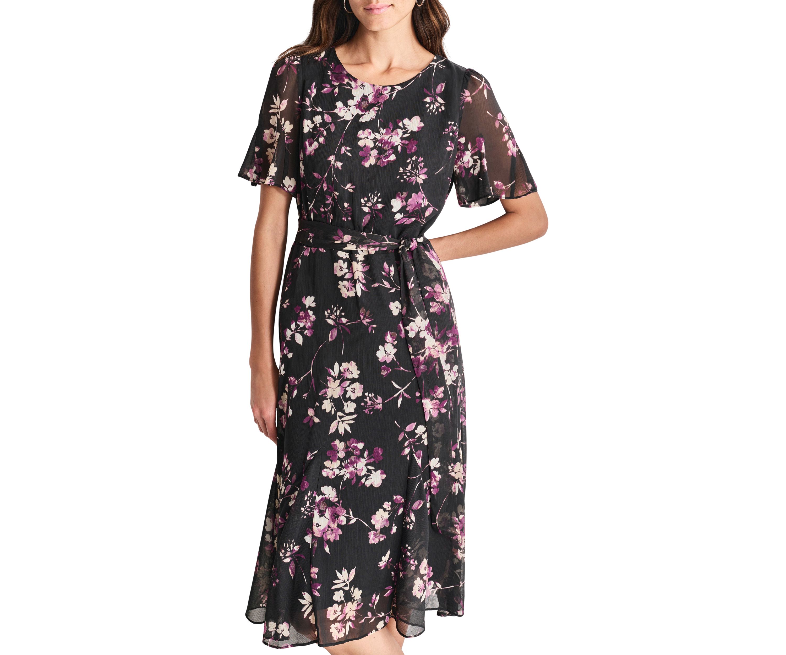 Womens Short Sleeve Round Neck Printed Chiffon Midi Dress