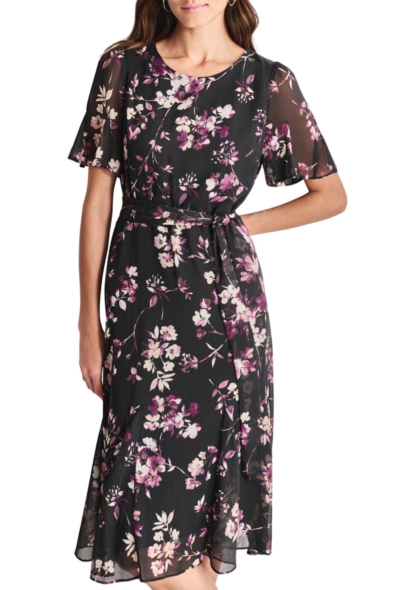 Womens Short Sleeve Round Neck Printed Chiffon Midi Dress