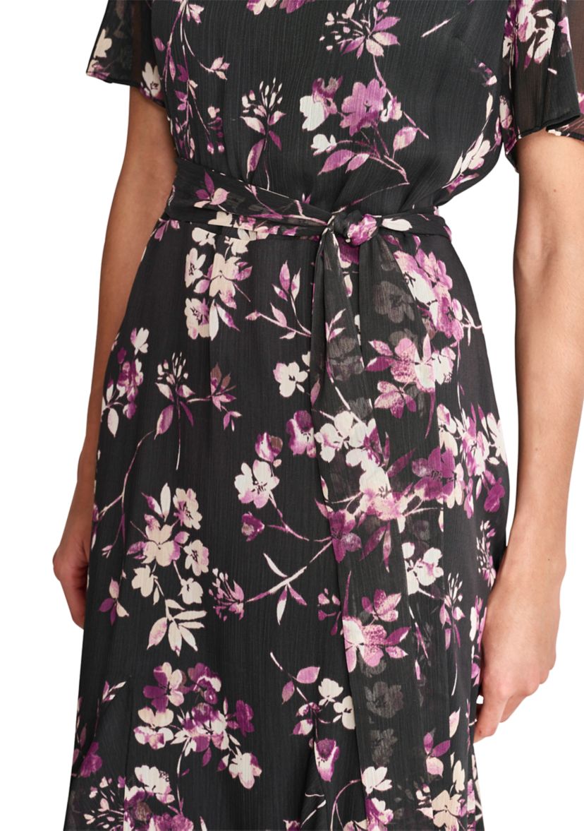 Womens Short Sleeve Round Neck Printed Chiffon Midi Dress