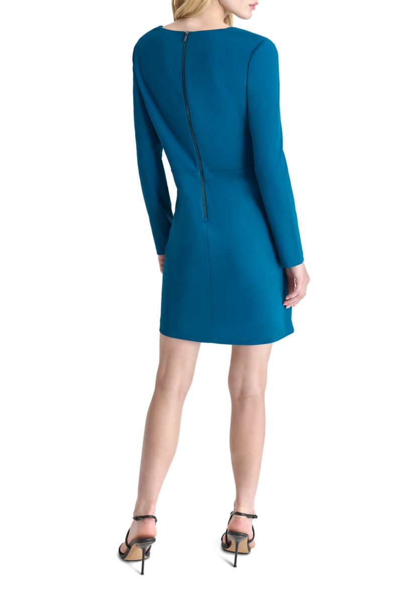 Womens Long Sleeve V-Neck Solid Ruch Sheath Dress
