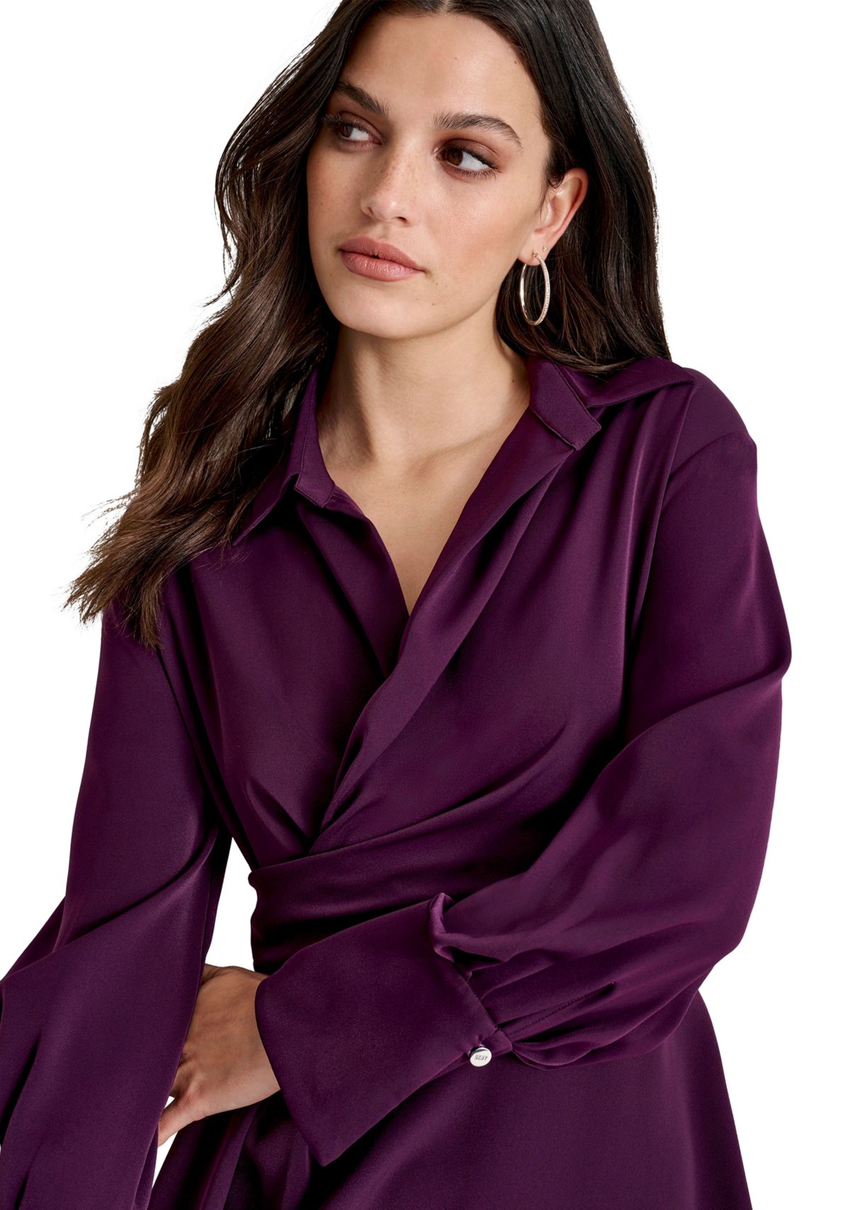 Womens Collared Cuff Wrap Sheath Dress