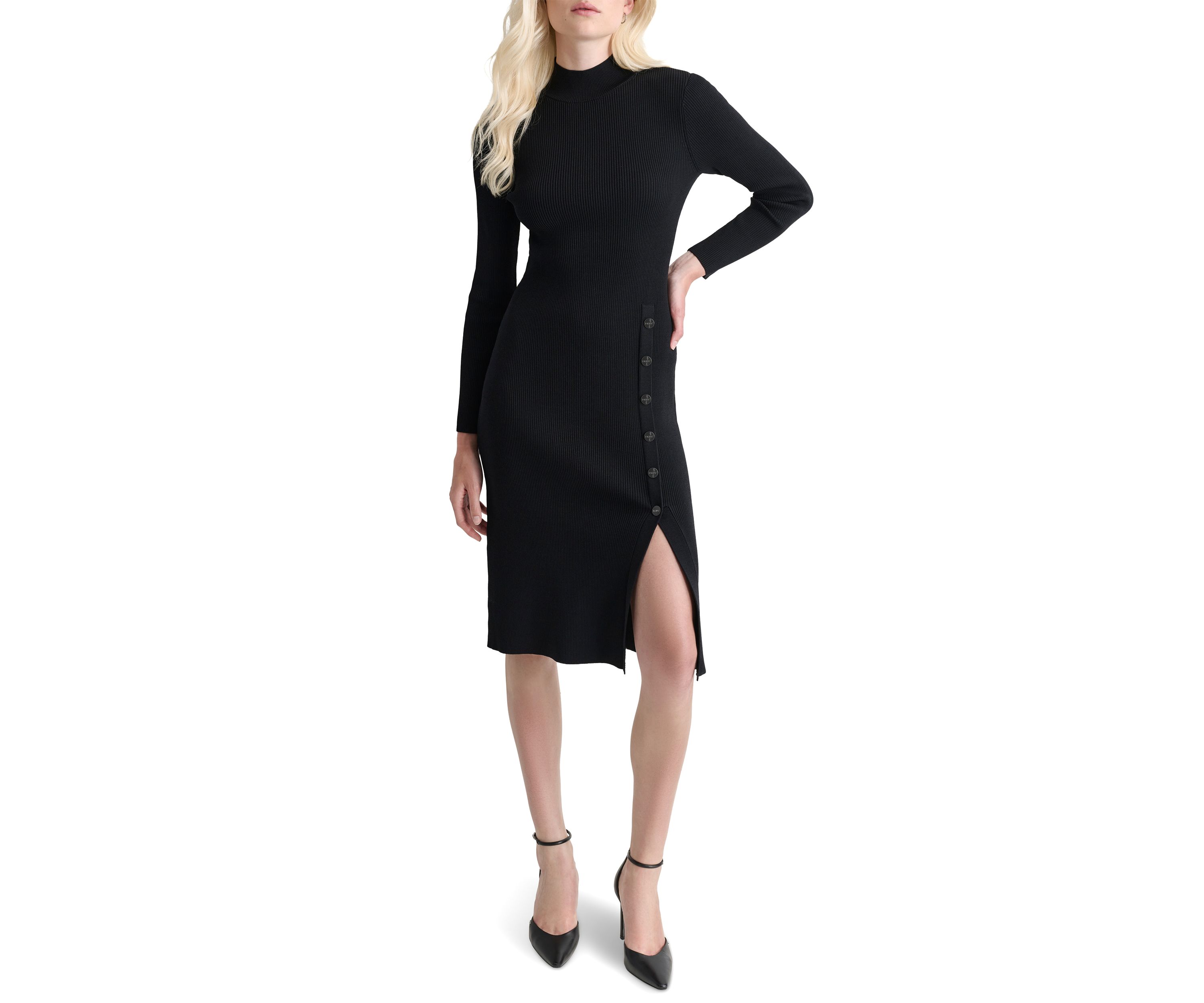 Womens Solid Mock Neck A-Line Button Dress