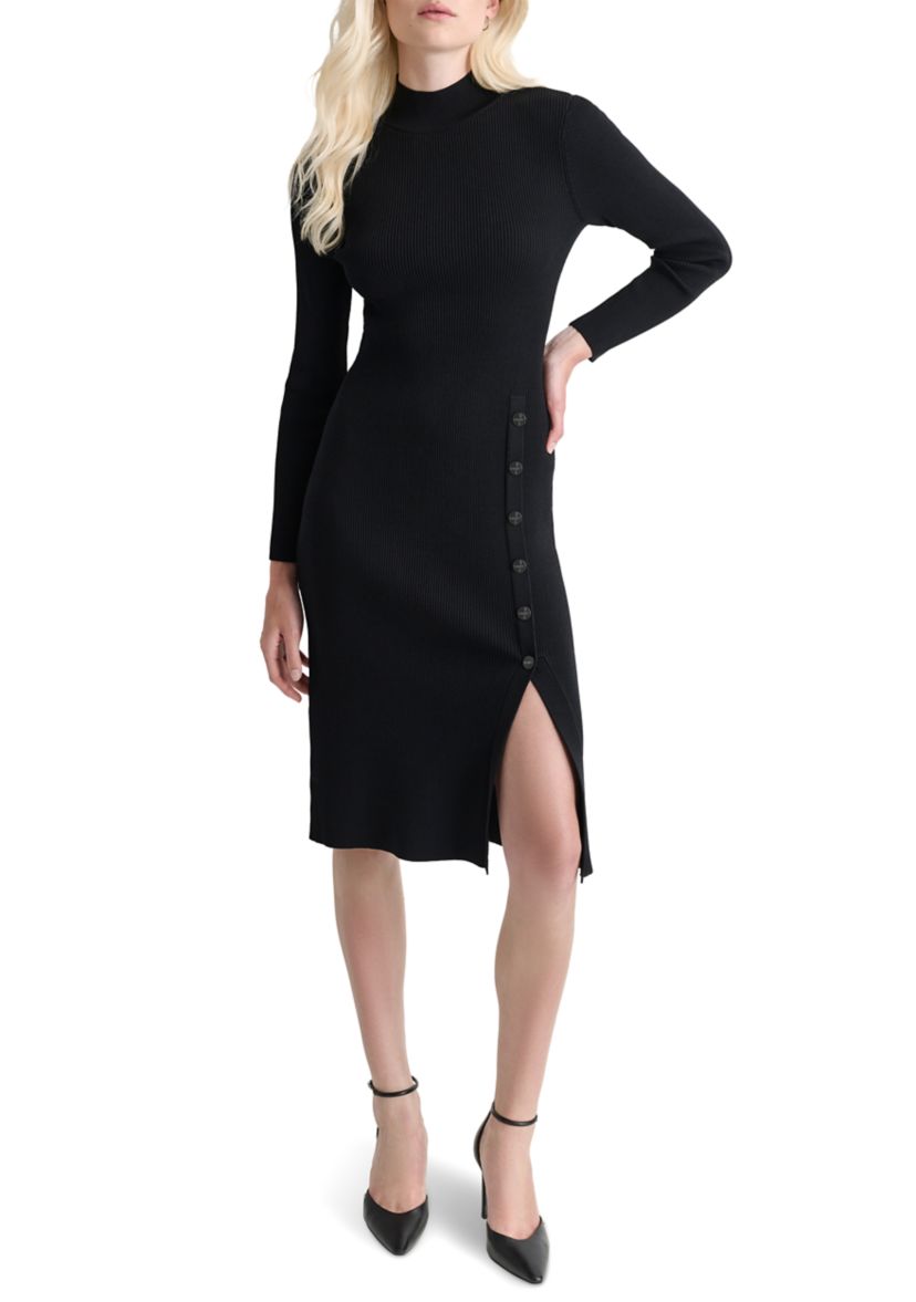 Womens Solid Mock Neck A-Line Button Dress