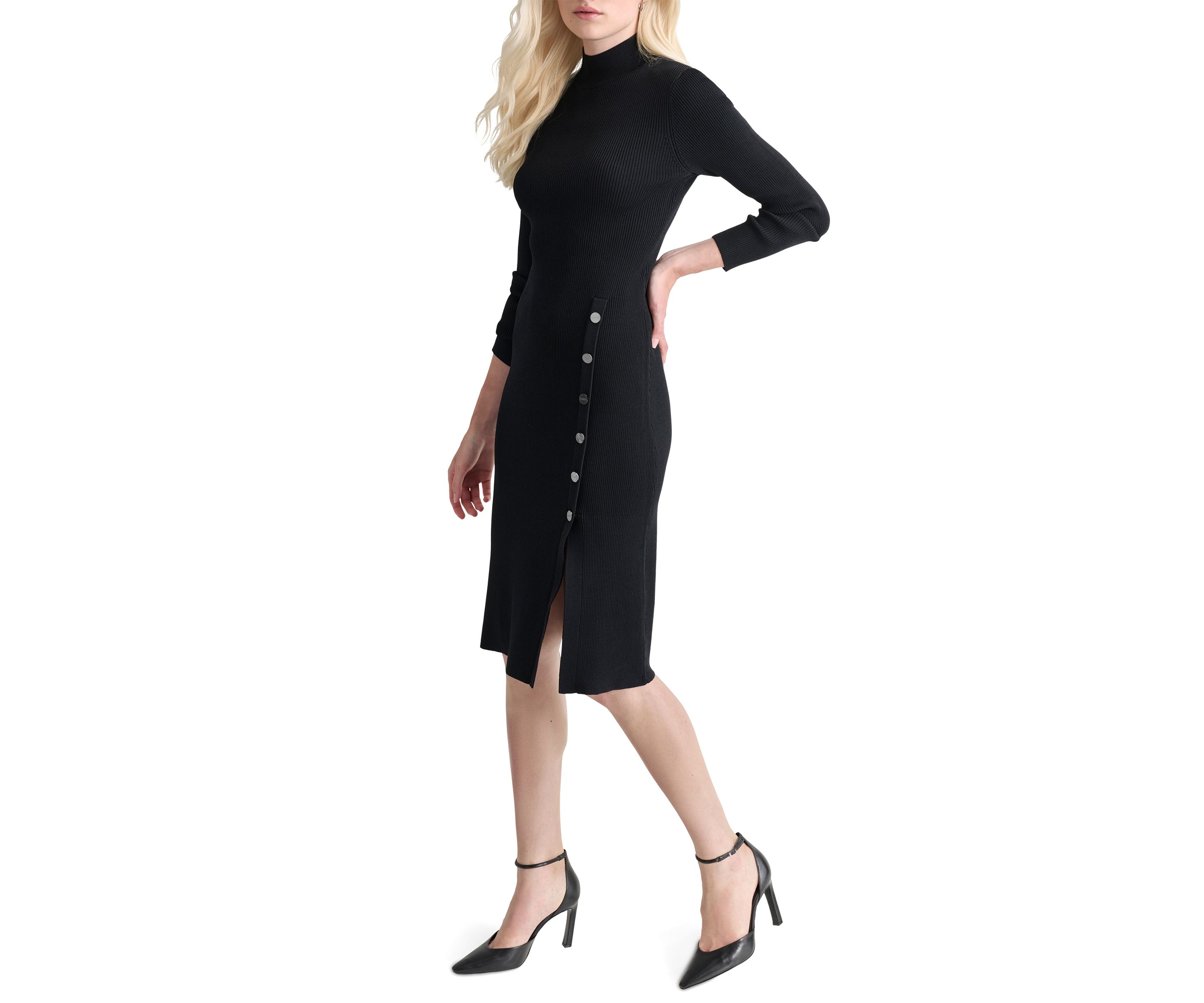 Womens Solid Mock Neck A-Line Button Dress